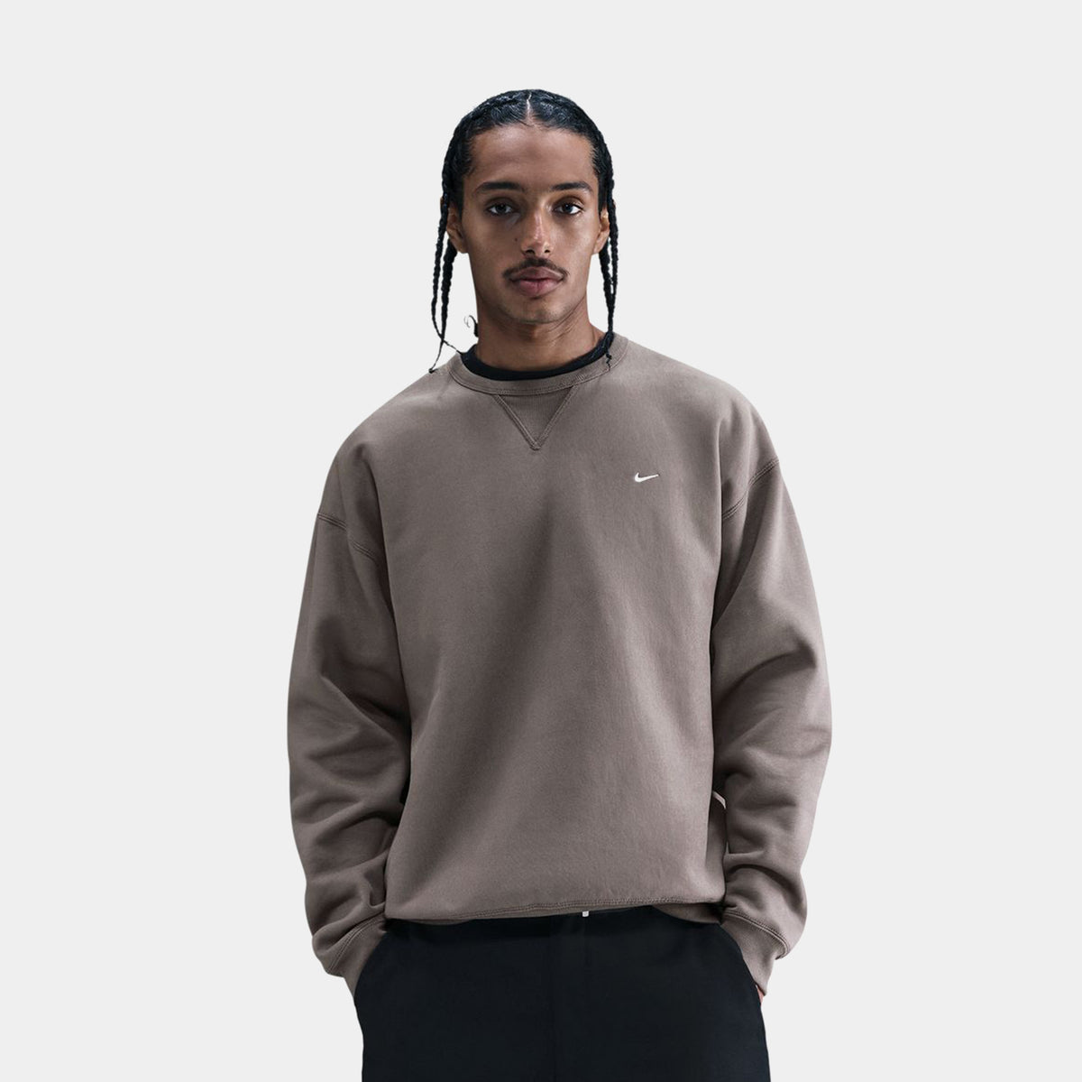 Nike Solo Swoosh Fleece Crew Mens Sweatshirt Cave Stone White