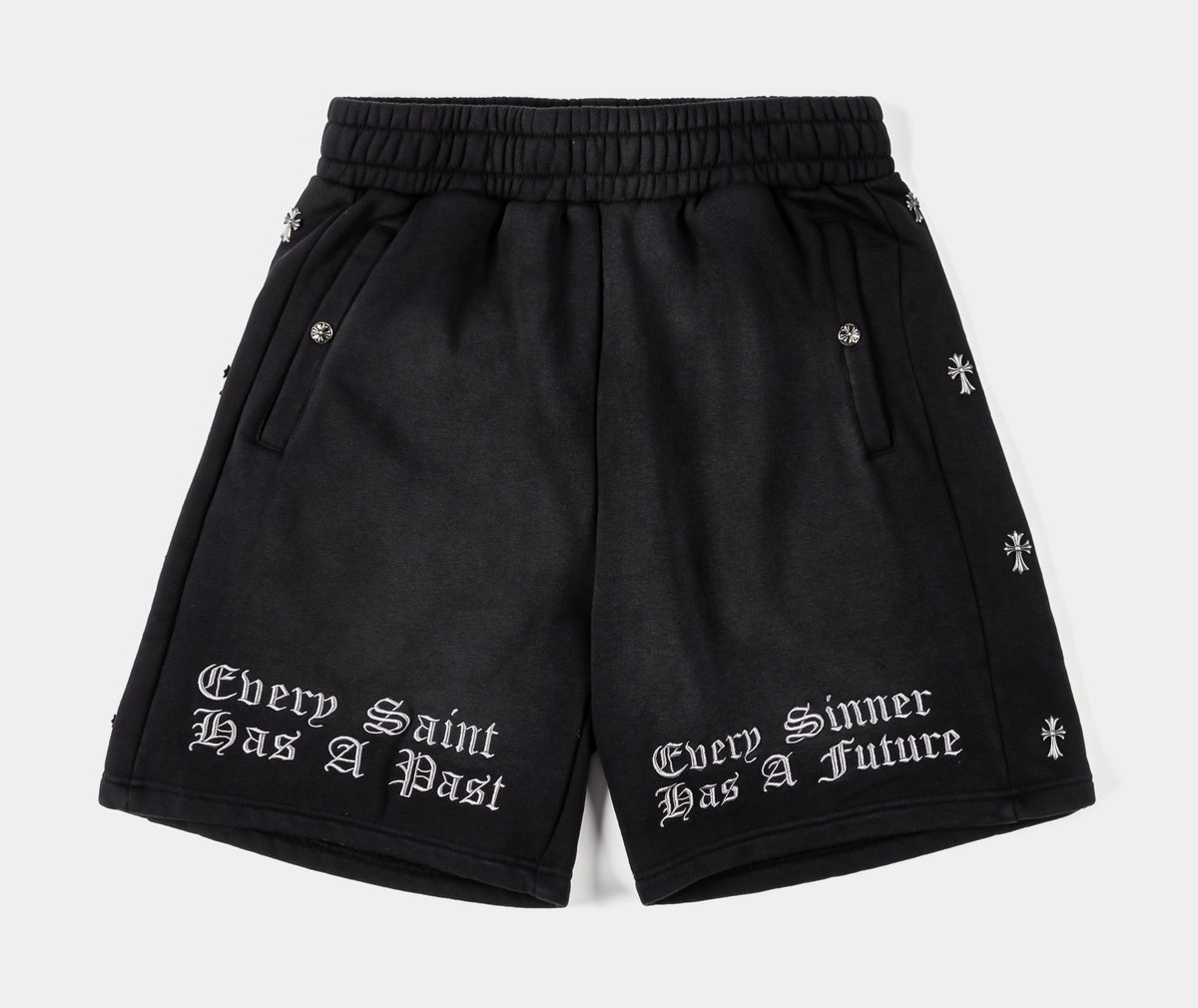 Original Sin Crosses Embroidered Long Fleece Mens Shorts Black