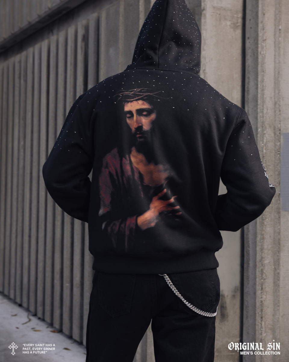 Original Sin Jesus Letters Zip Up Mens Hoodie Black White OSZH105
