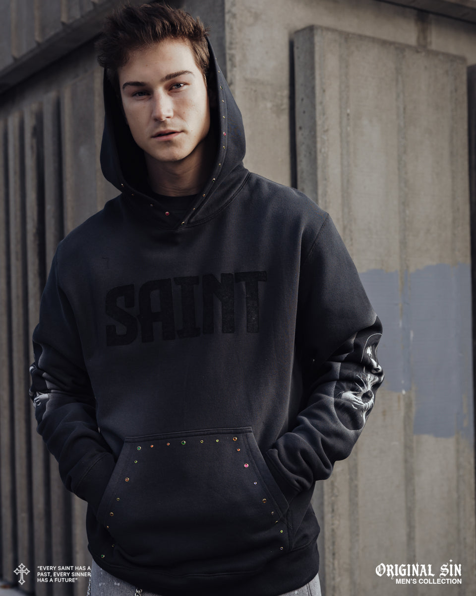 Original Sin Saint Washed Pullover Mens Hoodie Black Grey OSHD101