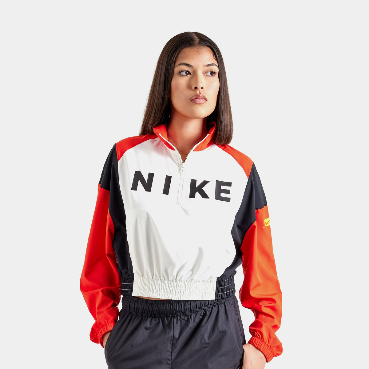 Nike NSW Woven 1 4 Zip Womens Jacket Sail Picante Red Black IH8478