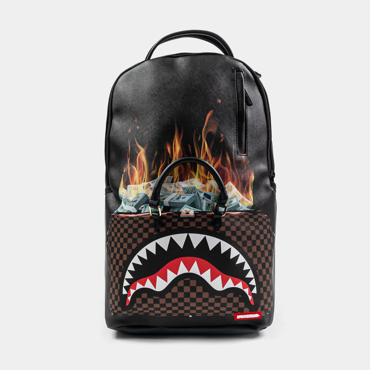 Sprayground Bag Of Money On Fire Mens Backpack Black Brown