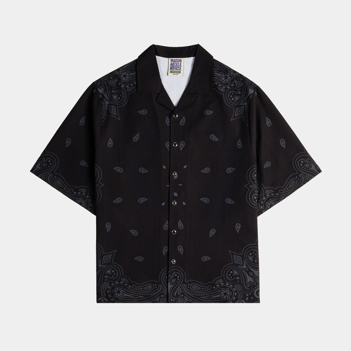 Maison Article Paisley Gingham Mens Short Sleeve Shirt Black Grey