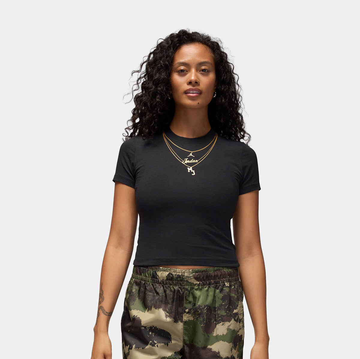 Jordan MJ Necklace Graphic Womens Short Sleeve Shirt Black Gold