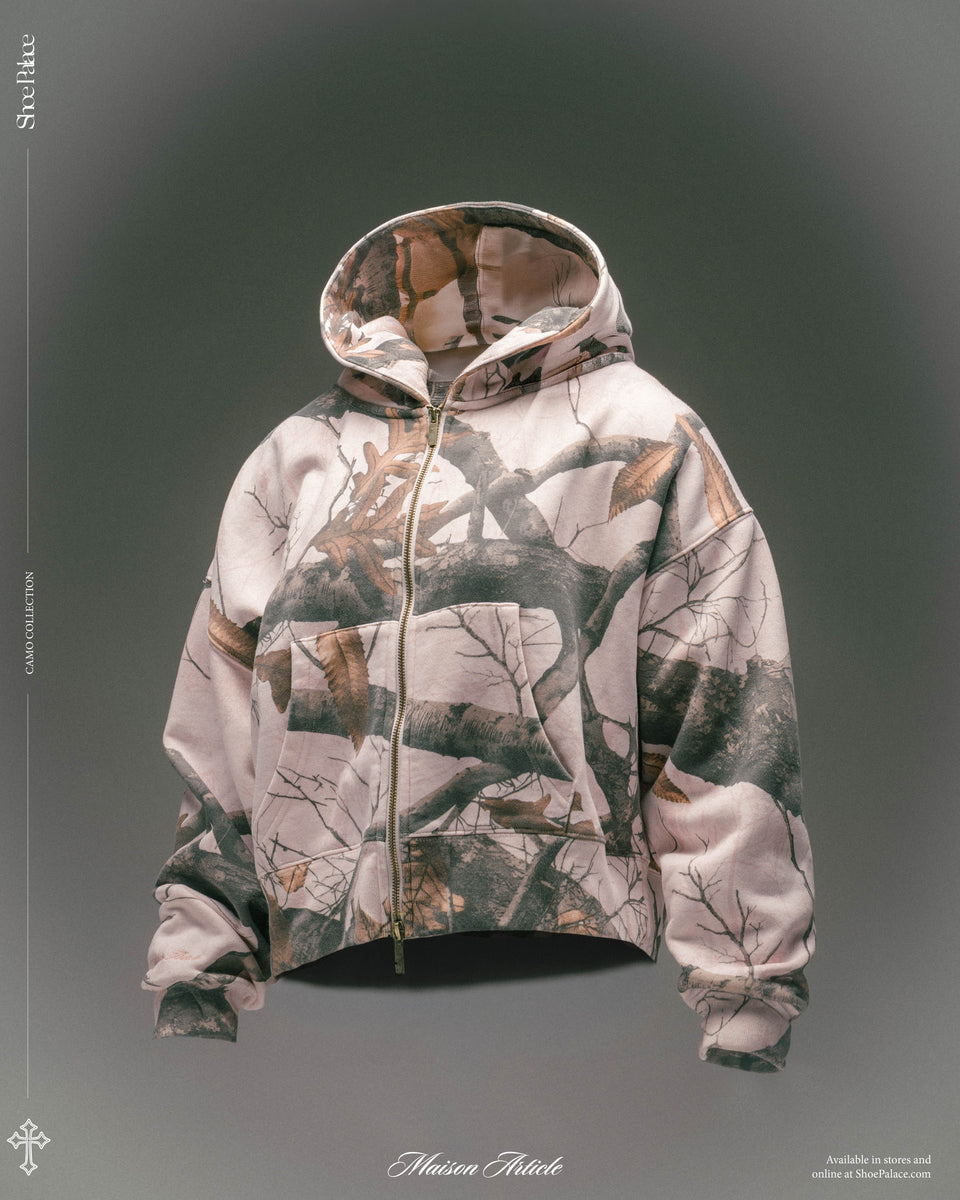 Maison Article Camo Fleece Cropped Zip Up Womens Hoodie Pink Brown