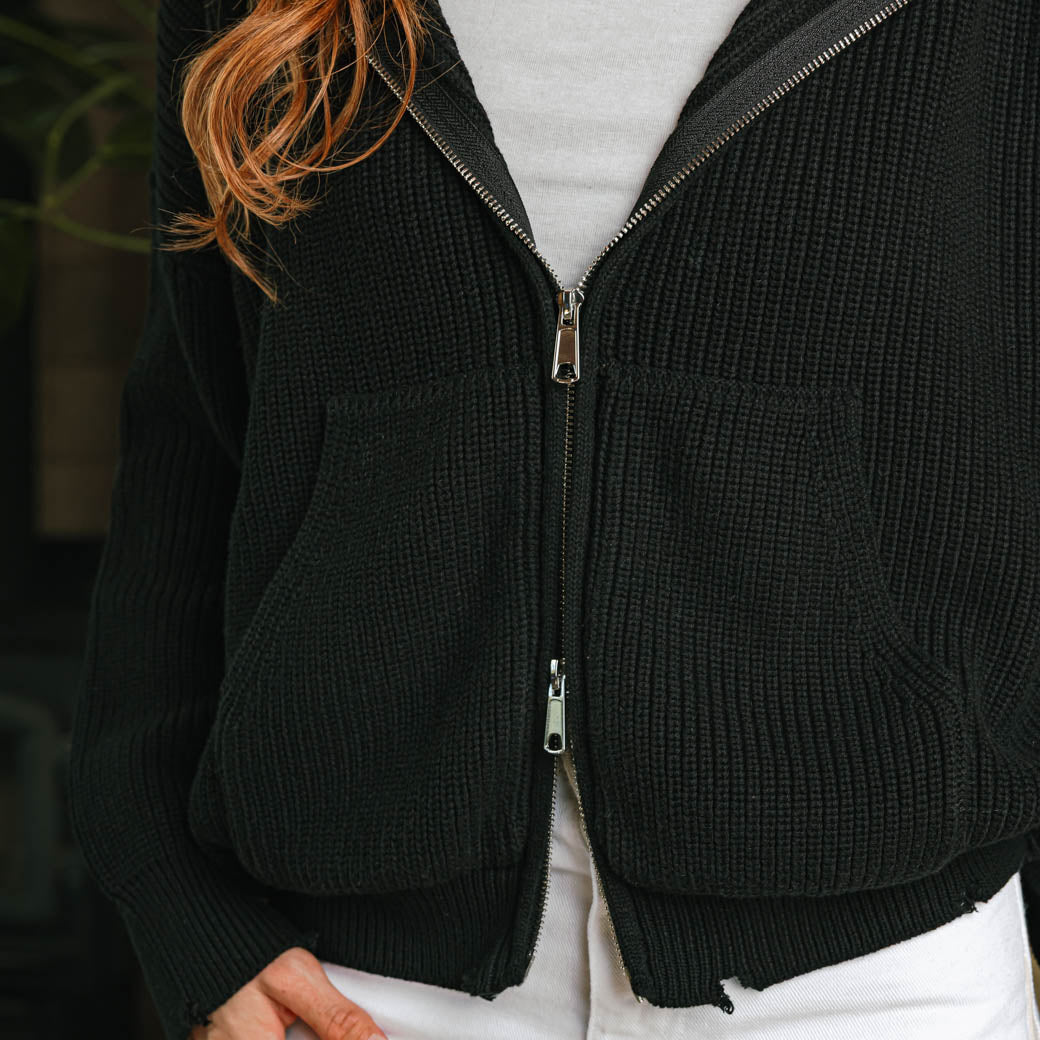 【archive】90s BLACK Knit full-zip Parker Domain Rib Knit Full Zip Sweater - Black | ALO