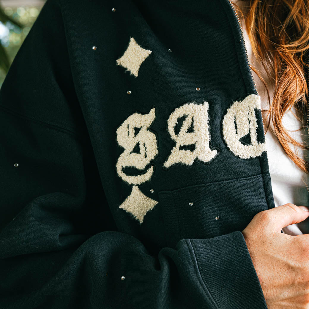 Sacré Angel Soft Zip Up Womens Hoodie Black Cream SCRHD106 – Shoe