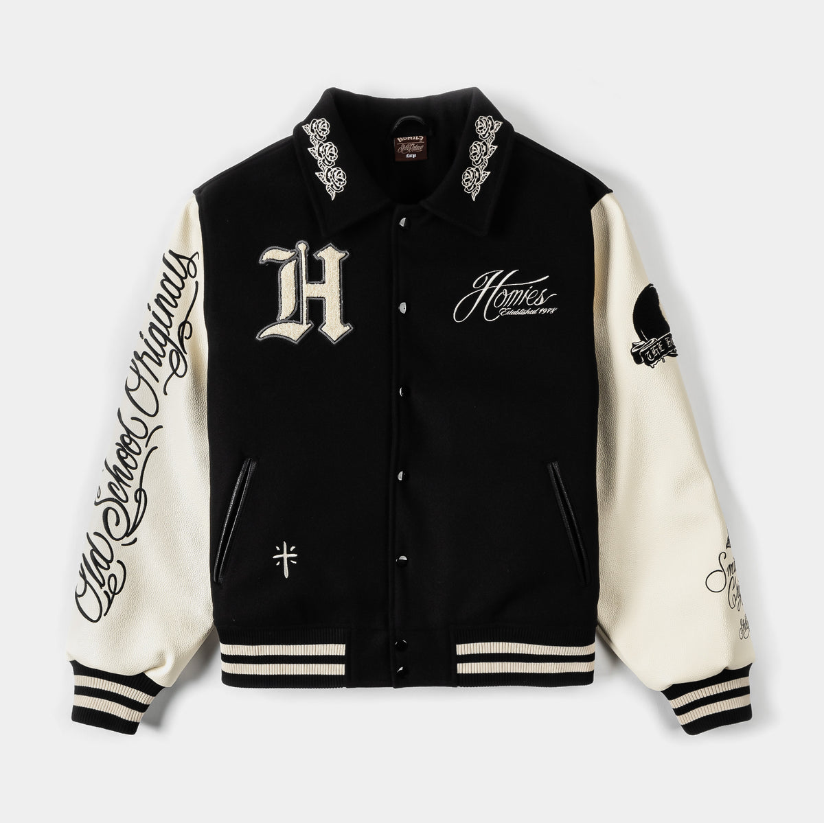 Shoe Palace SP x Homies Varsity Mens Jacket Black White HMSVJ01