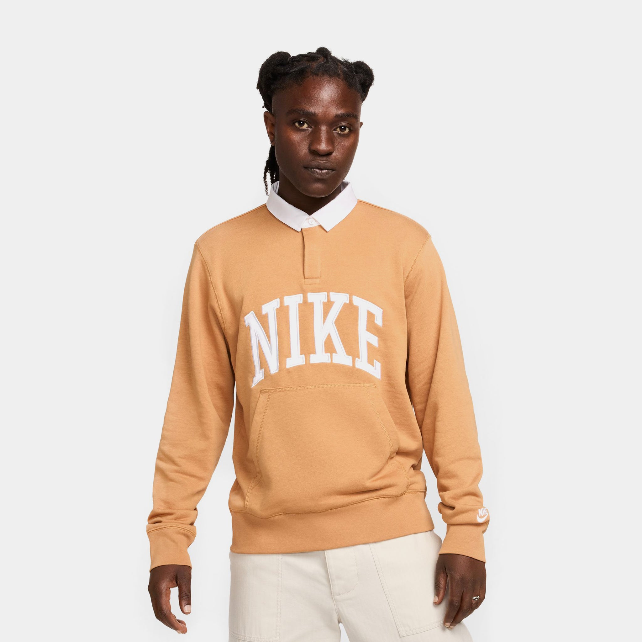 Nike NSW Club Fleece Polo Mens Long Sleeve Shirt Brown White