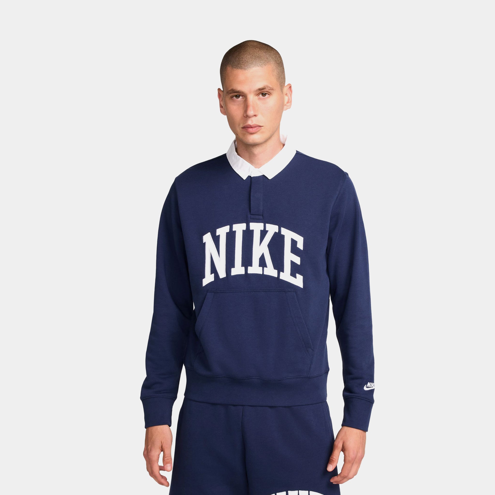 Nike NSW Club Fleece Polo Mens Long Sleeve Shirt Navy White FN3112 