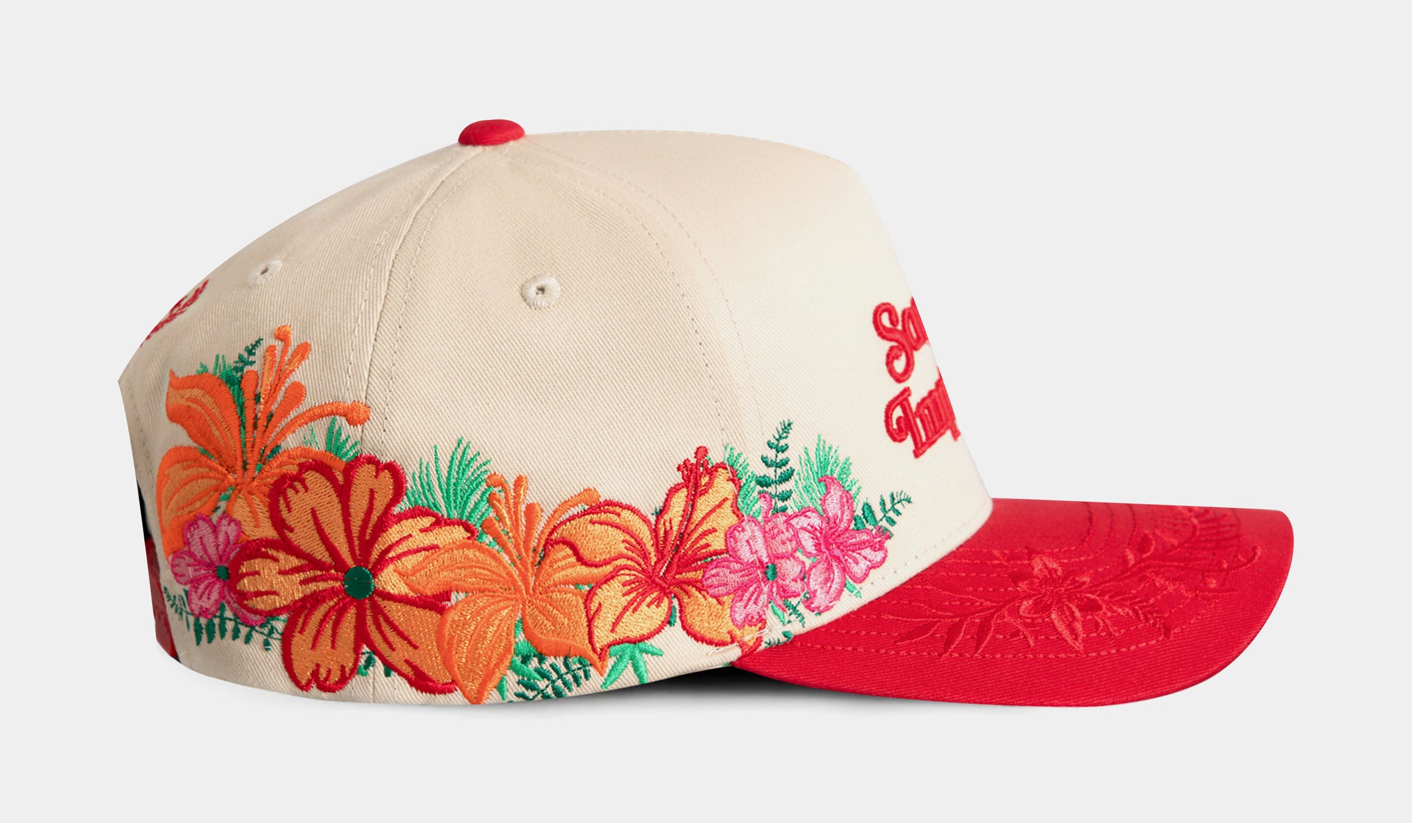 Never Apologize Embroidered Cream Baseball Cap with Red Script SORRY NOT IMPRESSED SAND RED FLORAL TWILL TRUCKER main image 3