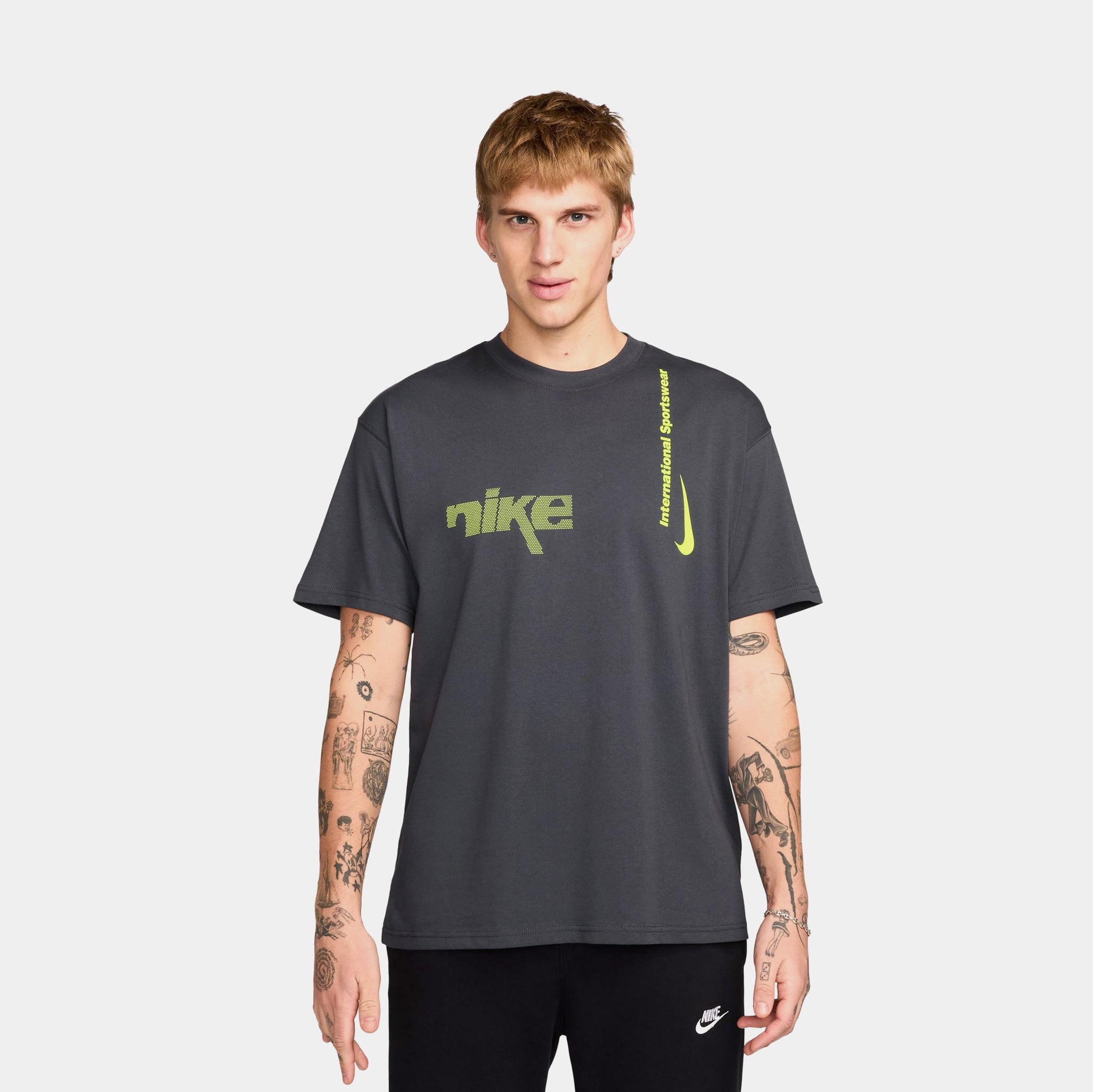 Nike NSW Max 90 Swoosh Sport Mens Short Sleeve Shirt Black Grey