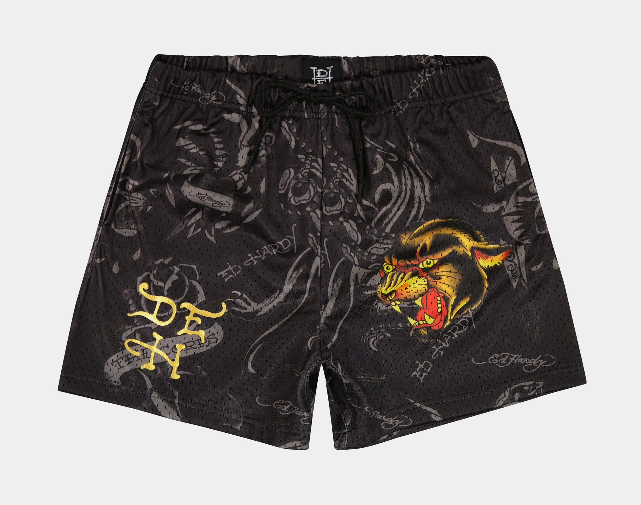 Ed Hardy Panther Mesh Mens Shorts Black Gold EHM8004-9