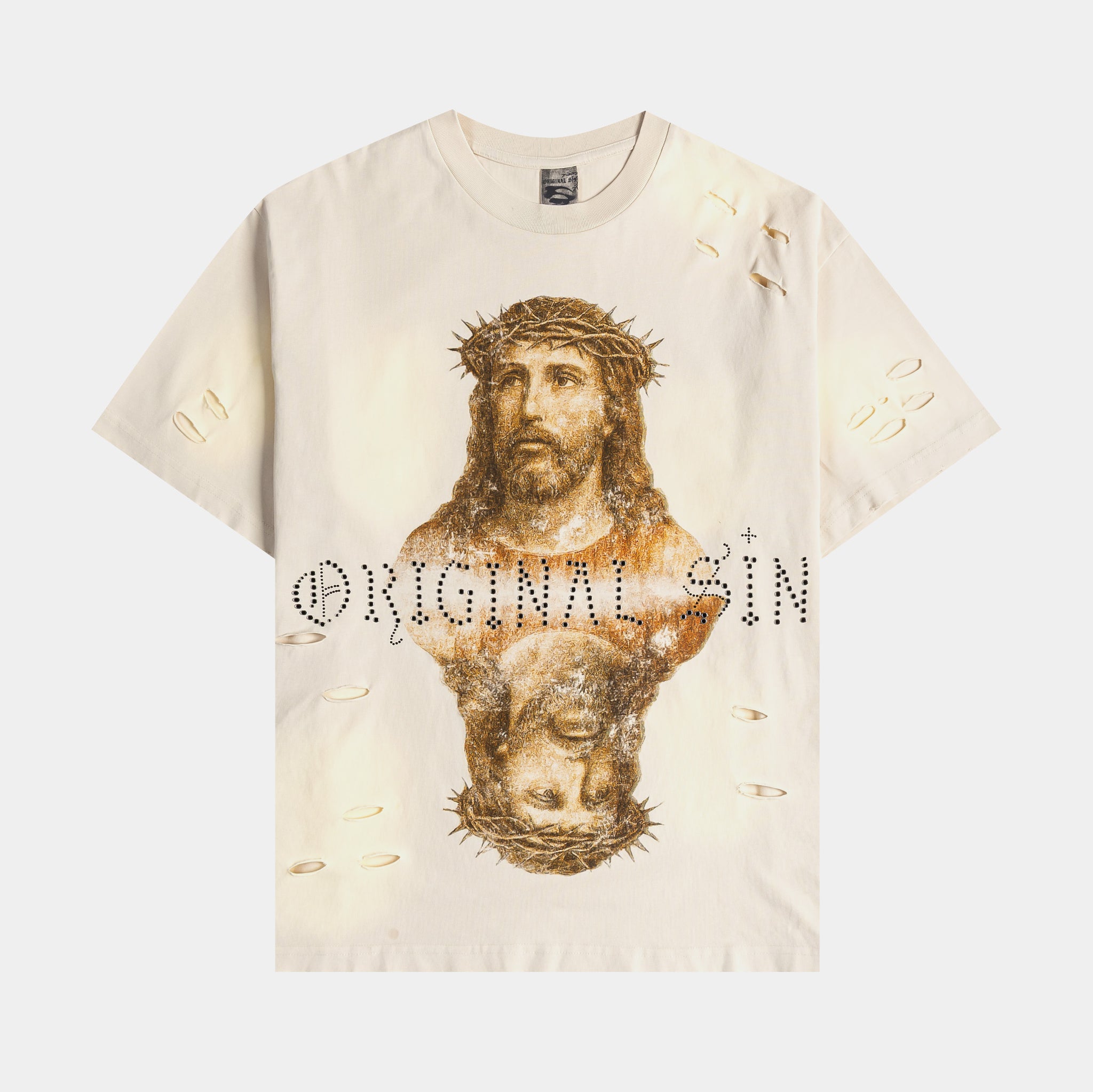 Original Sin Jesus Studded Mens Short Sleeve Shirt Beige Beige