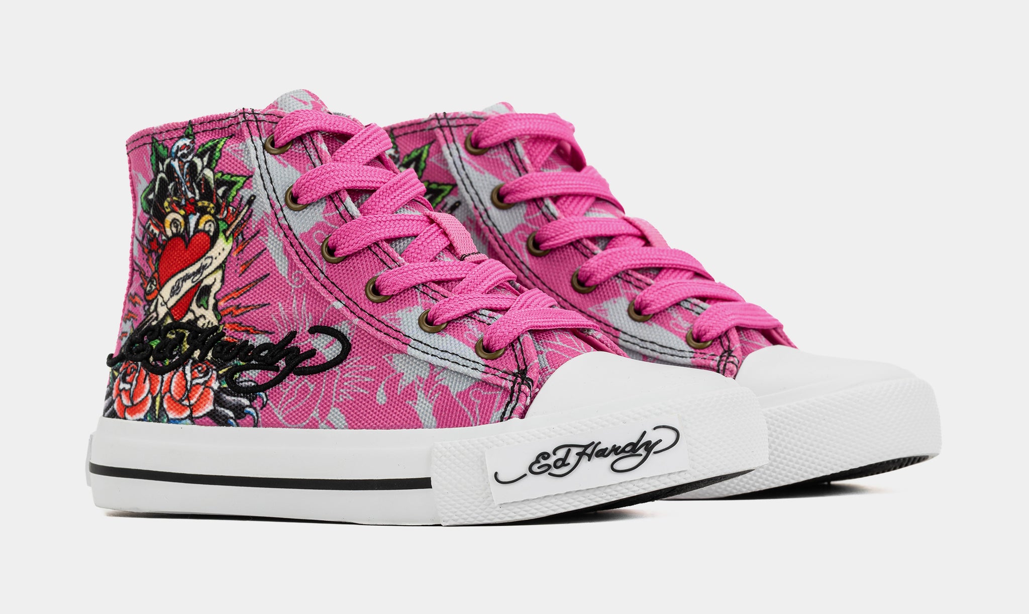 Ed Hardy Skull High Top Preschool Lifestyle Shoes Pink White