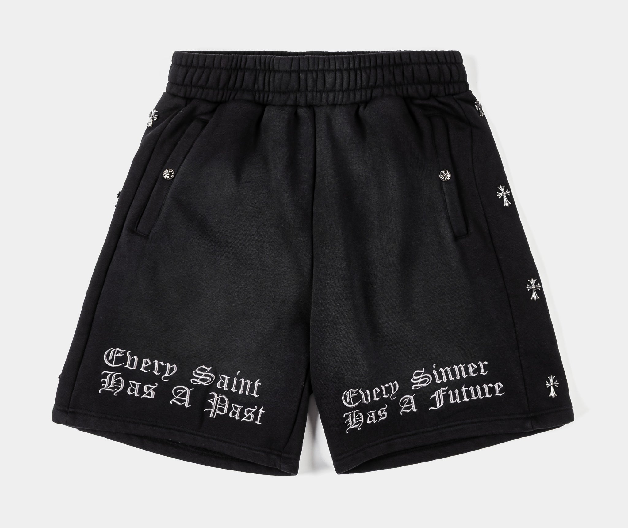 Original Sin Crosses Embroidered Long Fleece Mens Shorts Black