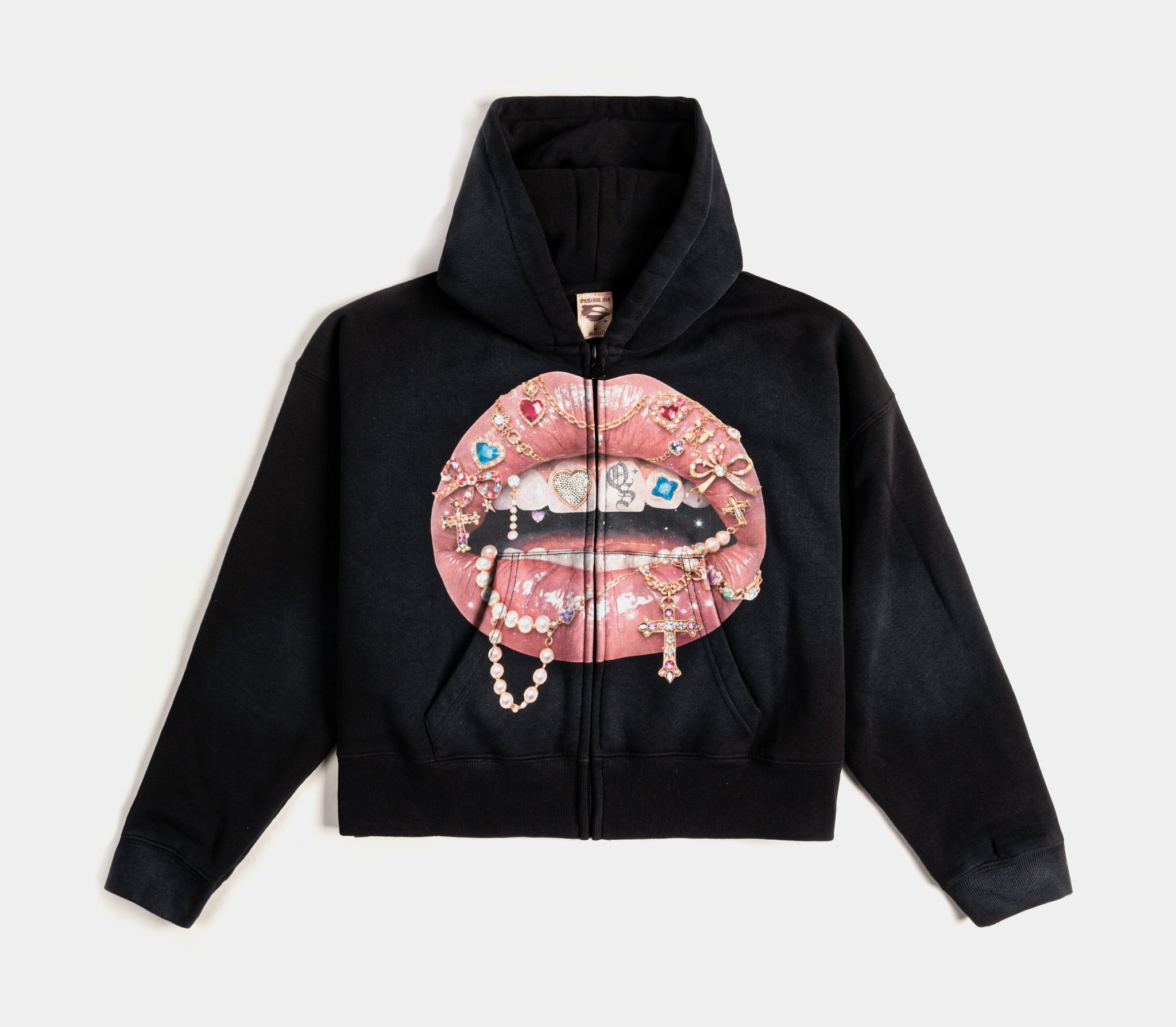 Original Sin Spoiled Lips Full Zip Womens Hoodie Black Pink