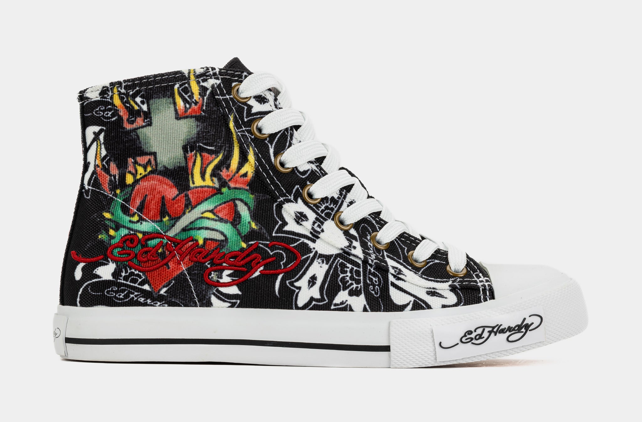 hia_　0605 Ed Hardy Black Cross High Top Womens Lifestyle Shoes Black White