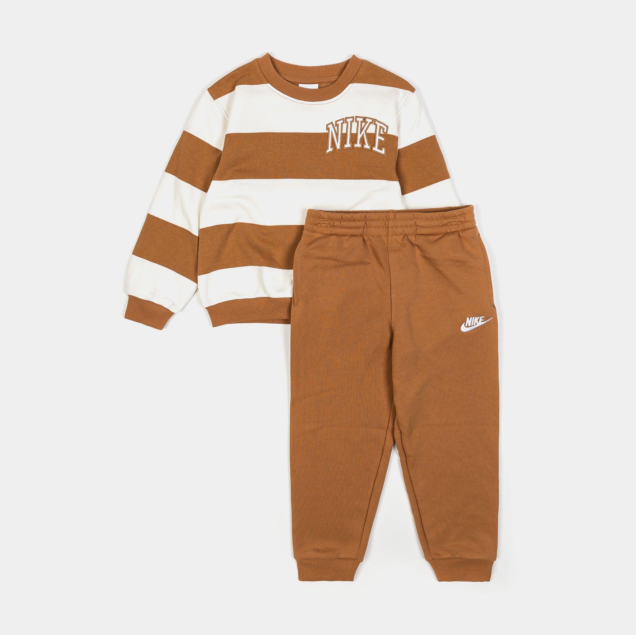 Nike Club Striped Crew and Joggers Preschool Set Brown White