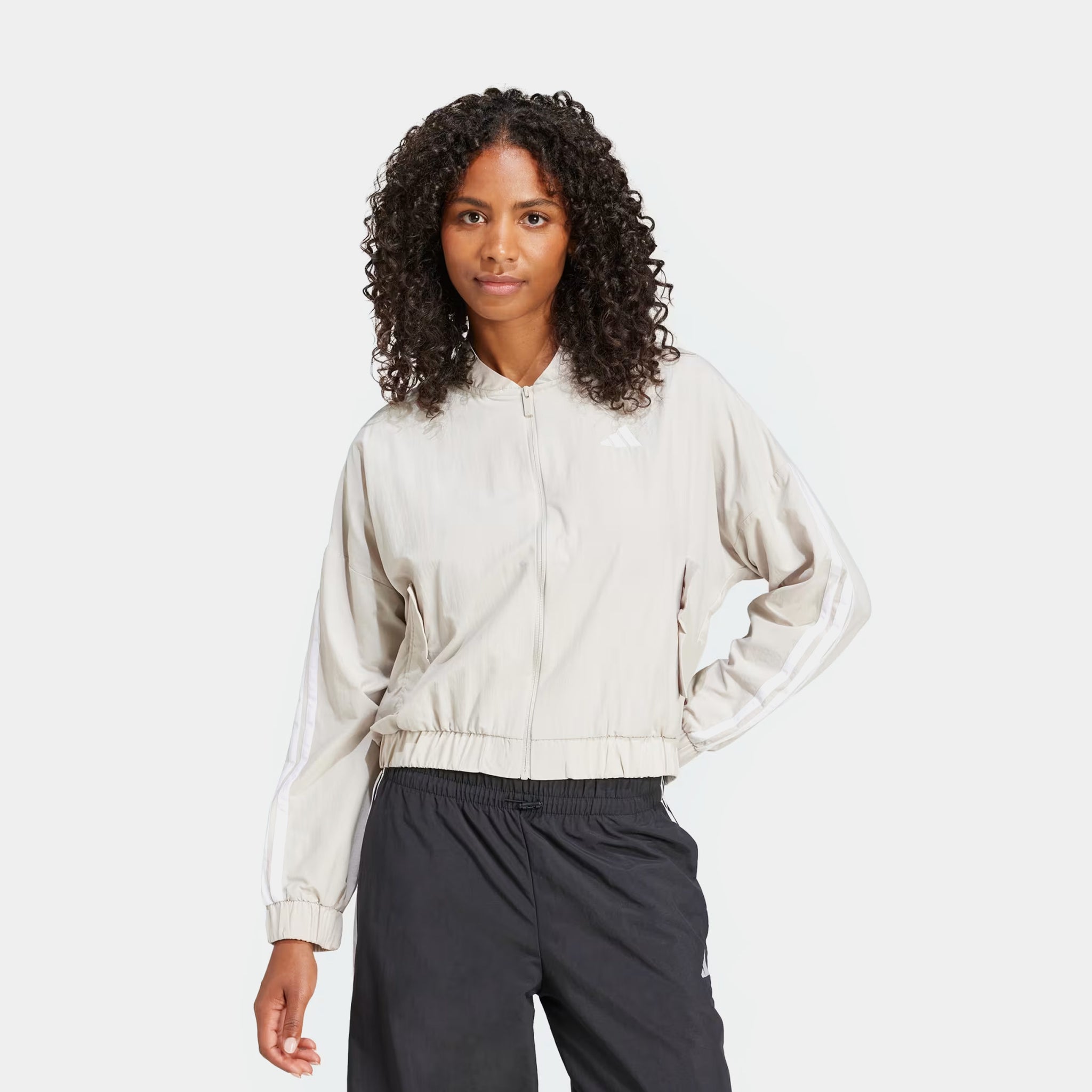 adidas 3 Stripes Woven Bomber Womens Jacket Beige White JE1317