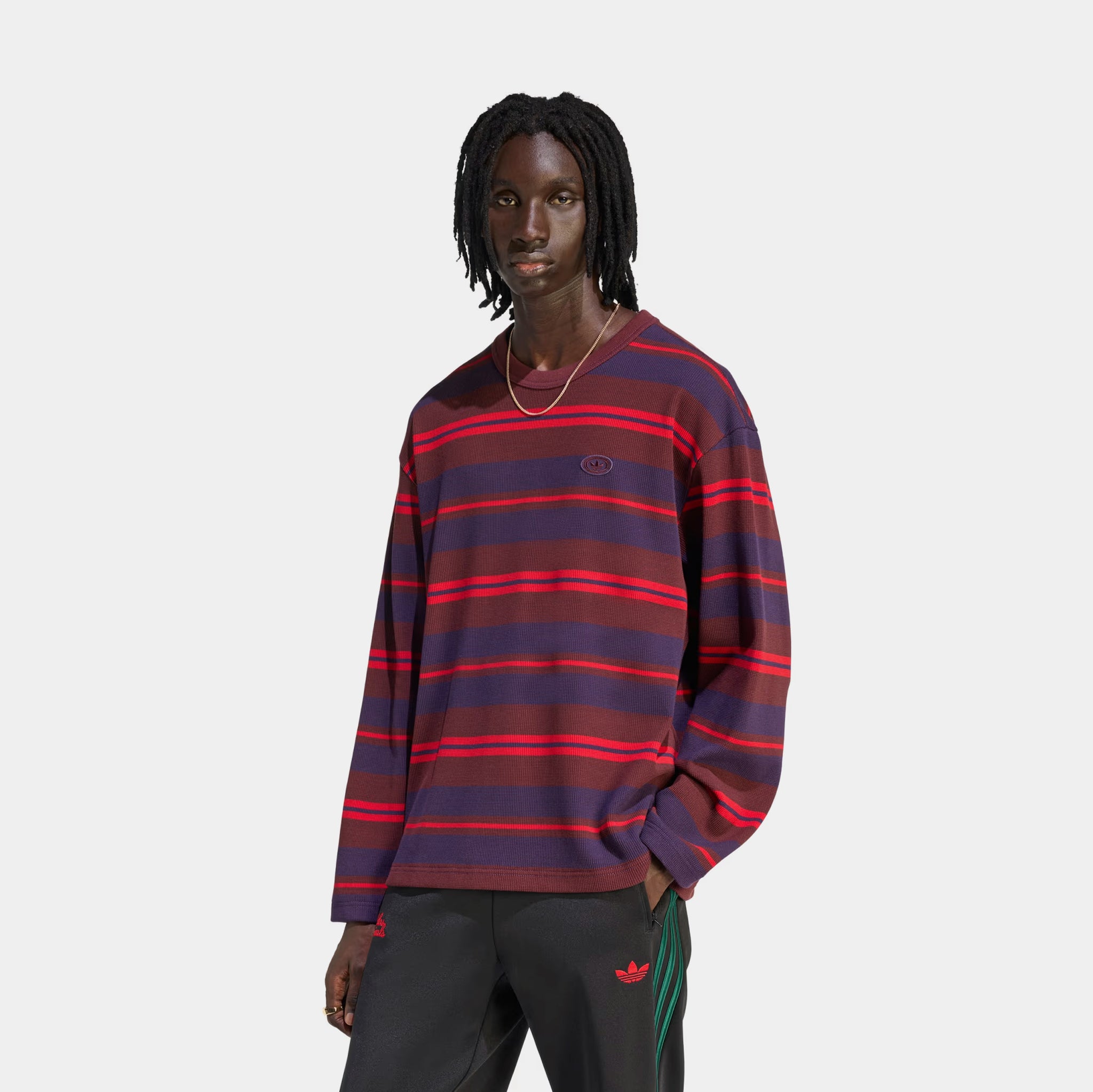adidas 90s Alternative Sport Stripe Mens Long Sleeve Shirt Ruby 