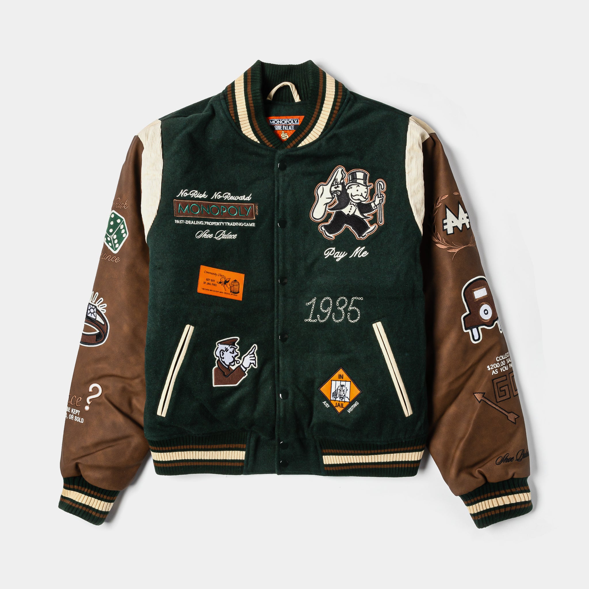 Shoe Palace SP x Monopoly No Risk Varsity Mens Jacket Green Brown