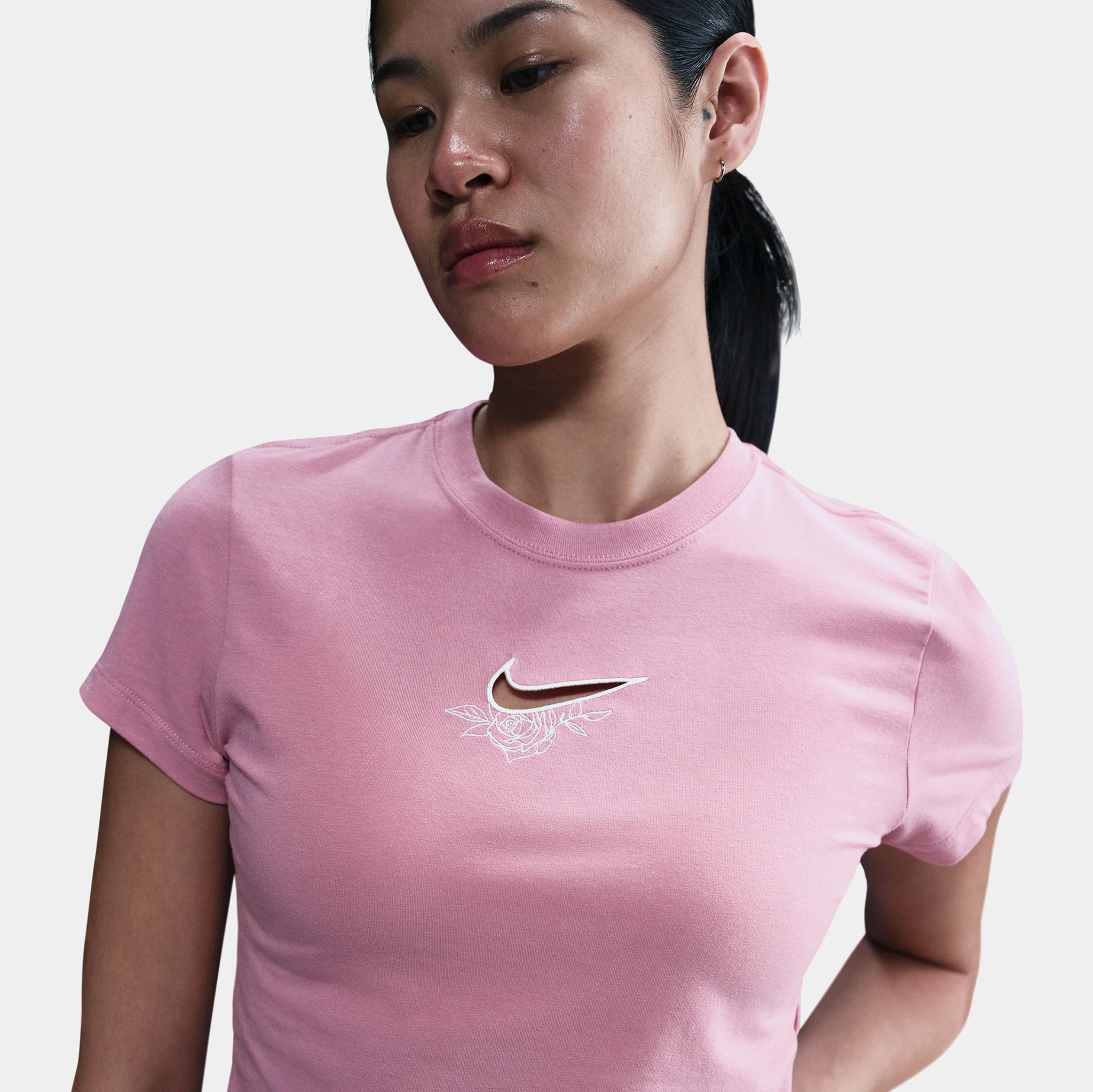 pink and white nike crop top