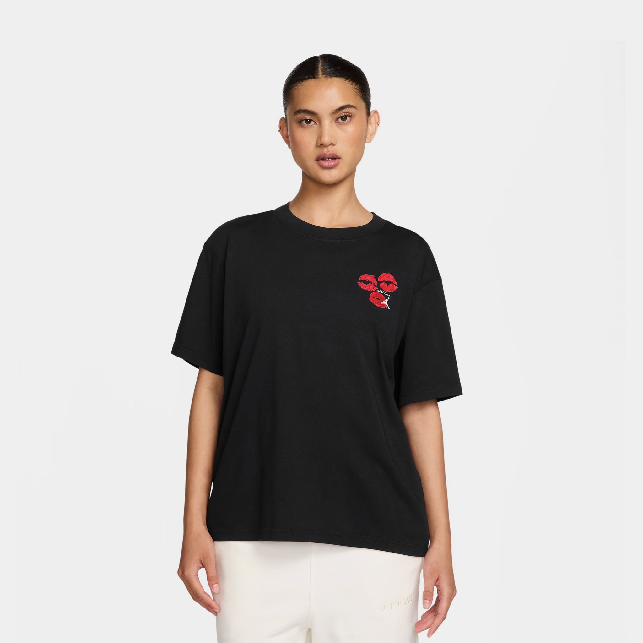 Jordan Flight Graphic Kiss Womens Short Sleeve Shirt Black White