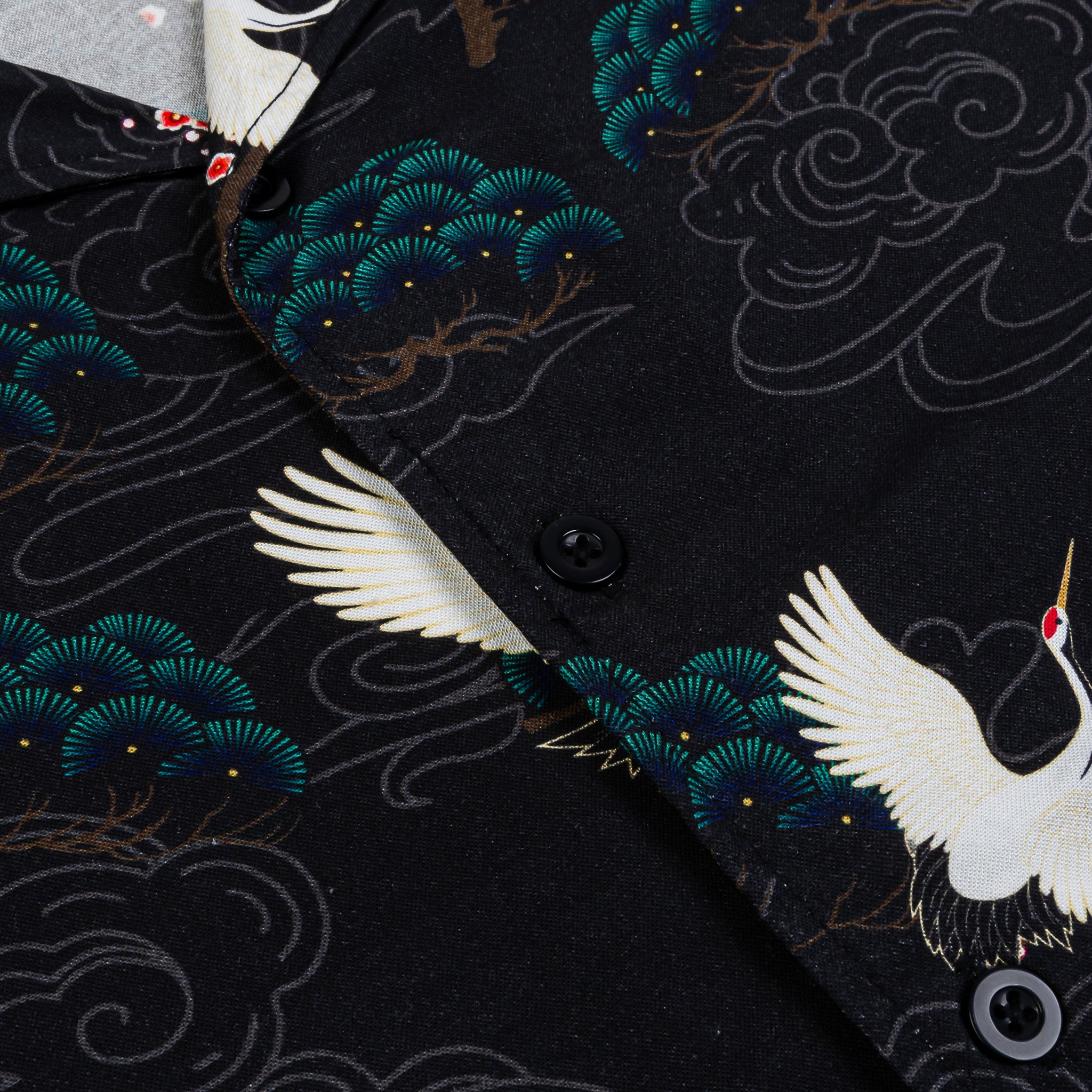 Maison Article Crane Blossom Button Up Mens Short Sleeve Shirt
