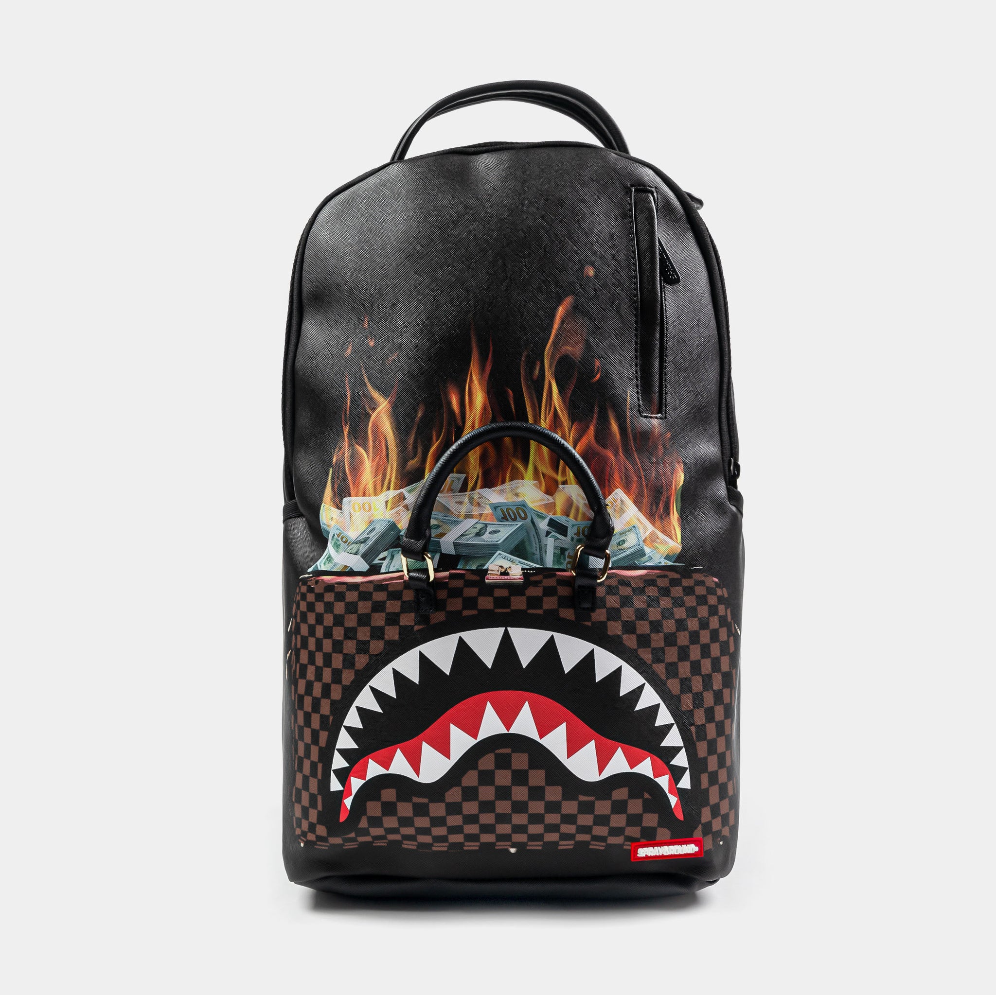 Sprayground Bag Of Money On Fire Mens Backpack Black Brown 