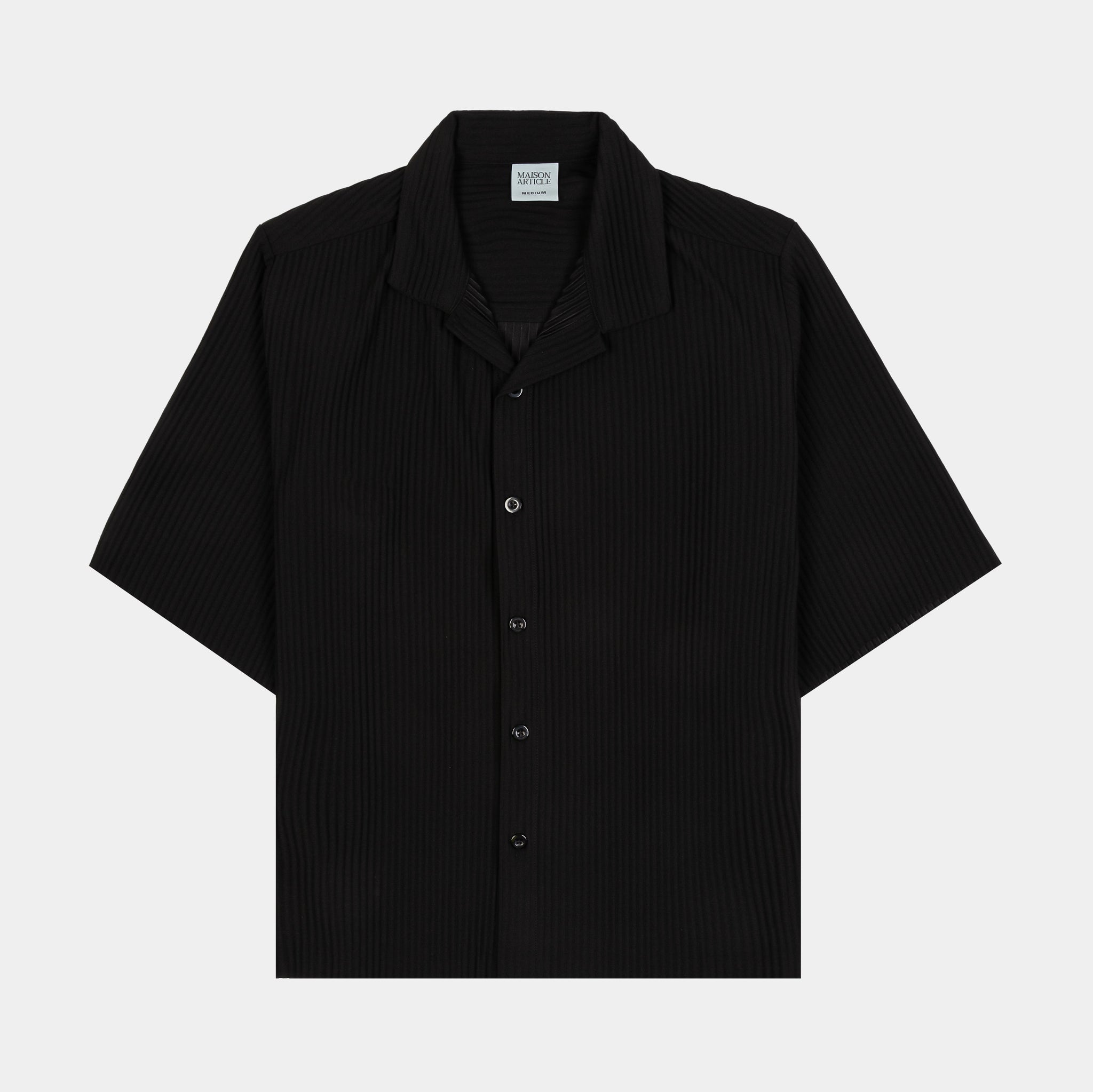 MAISON ARTICLE Pleated Button Up Mens Short Sleeve Shirt (Black)