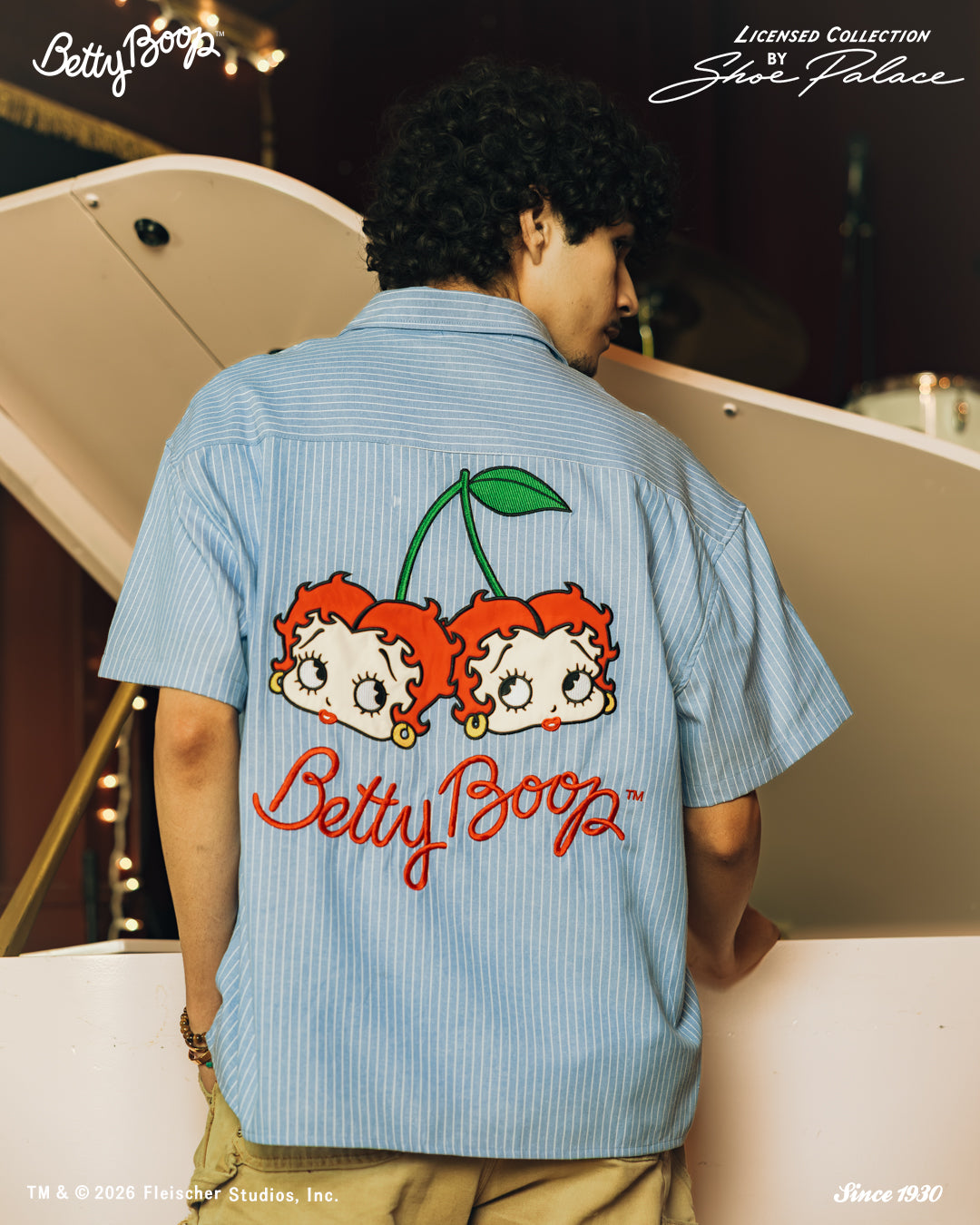 SP x Betty Boop Button Up Mens Short Sleeve Shirt Blue Red