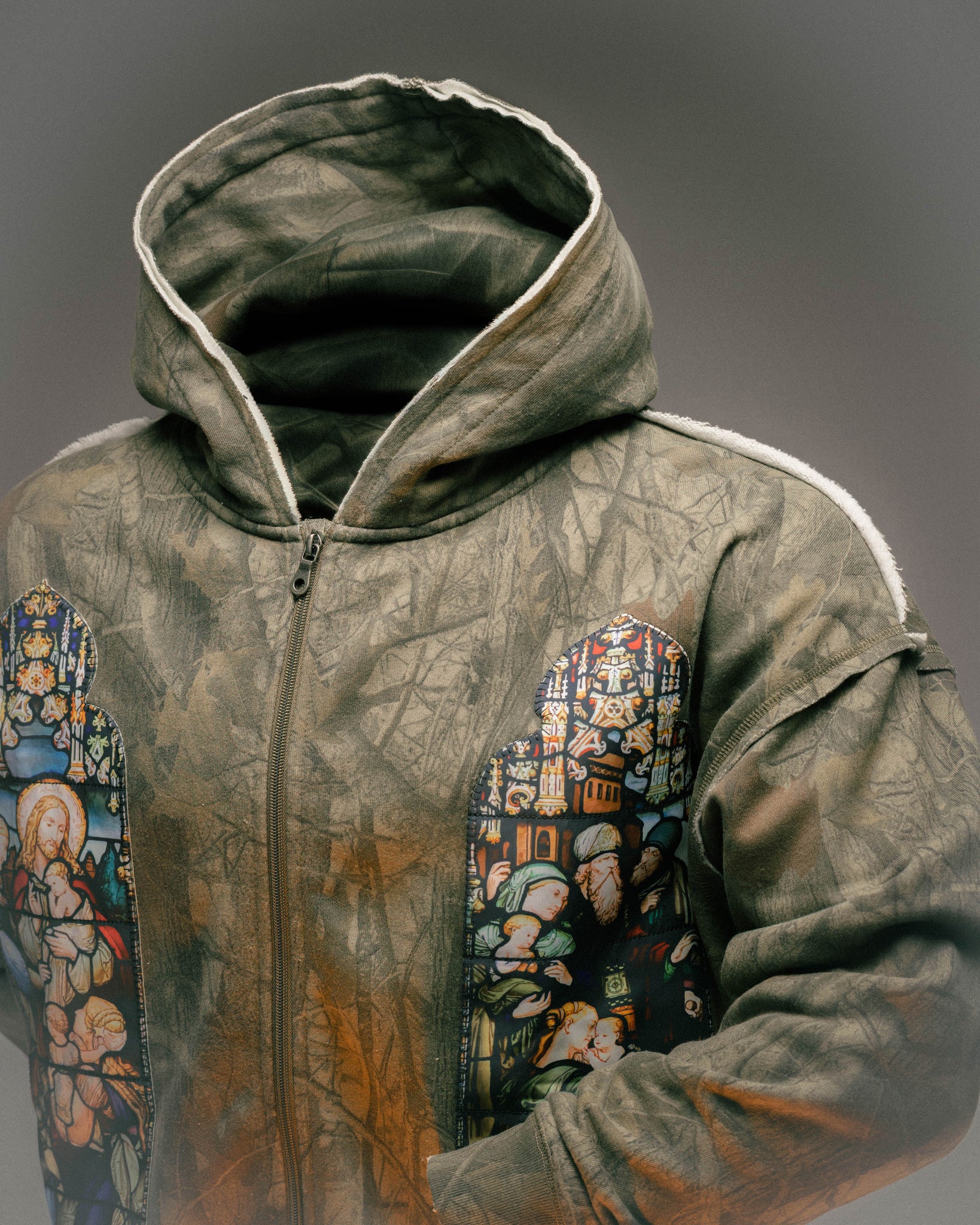 Maison Article Stained Glass Camo Fleece Zip Up Mens Hoodie Brown