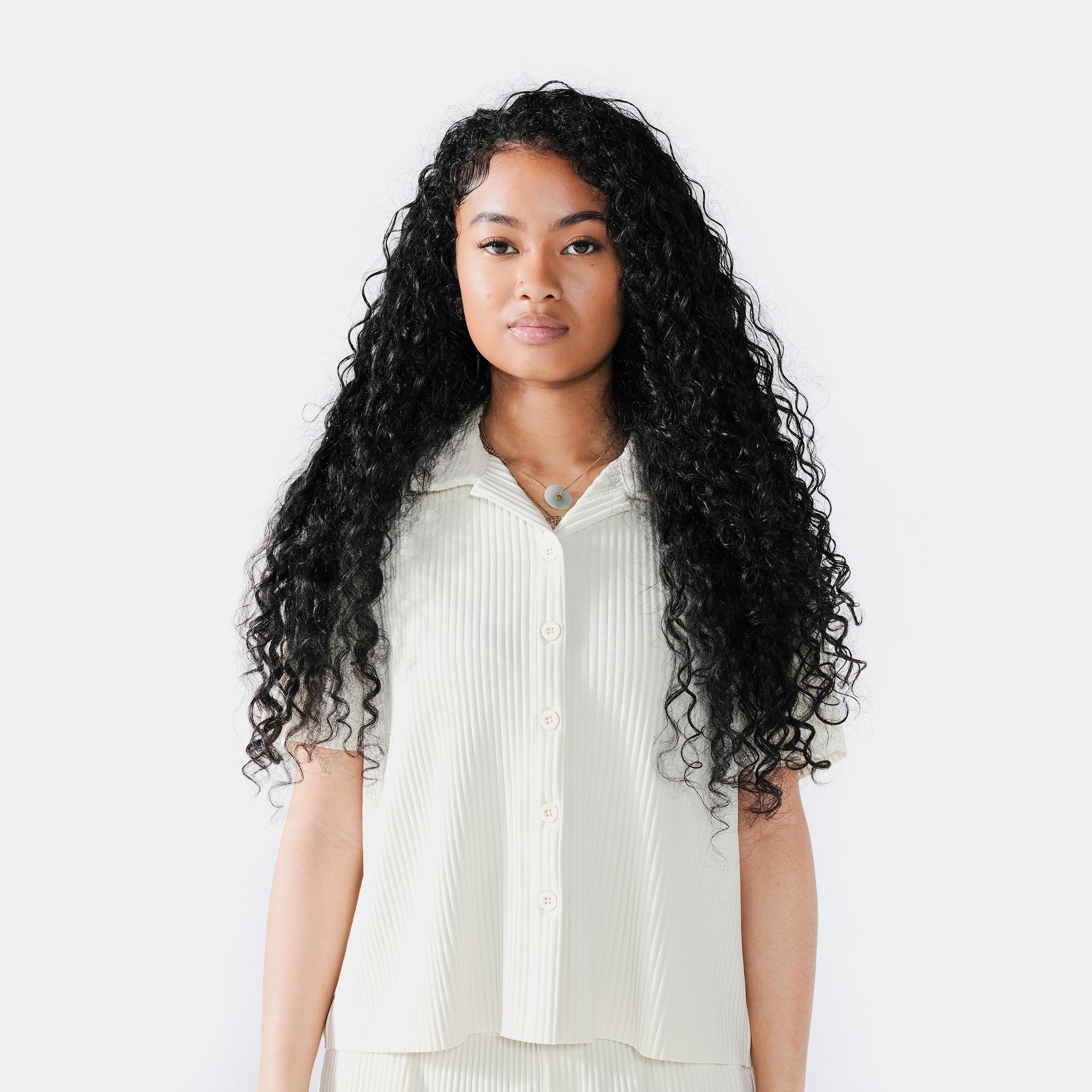 Sacre Pleated Button Up Womens Short Sleeve Shirt (Cream), image size:2048x2047