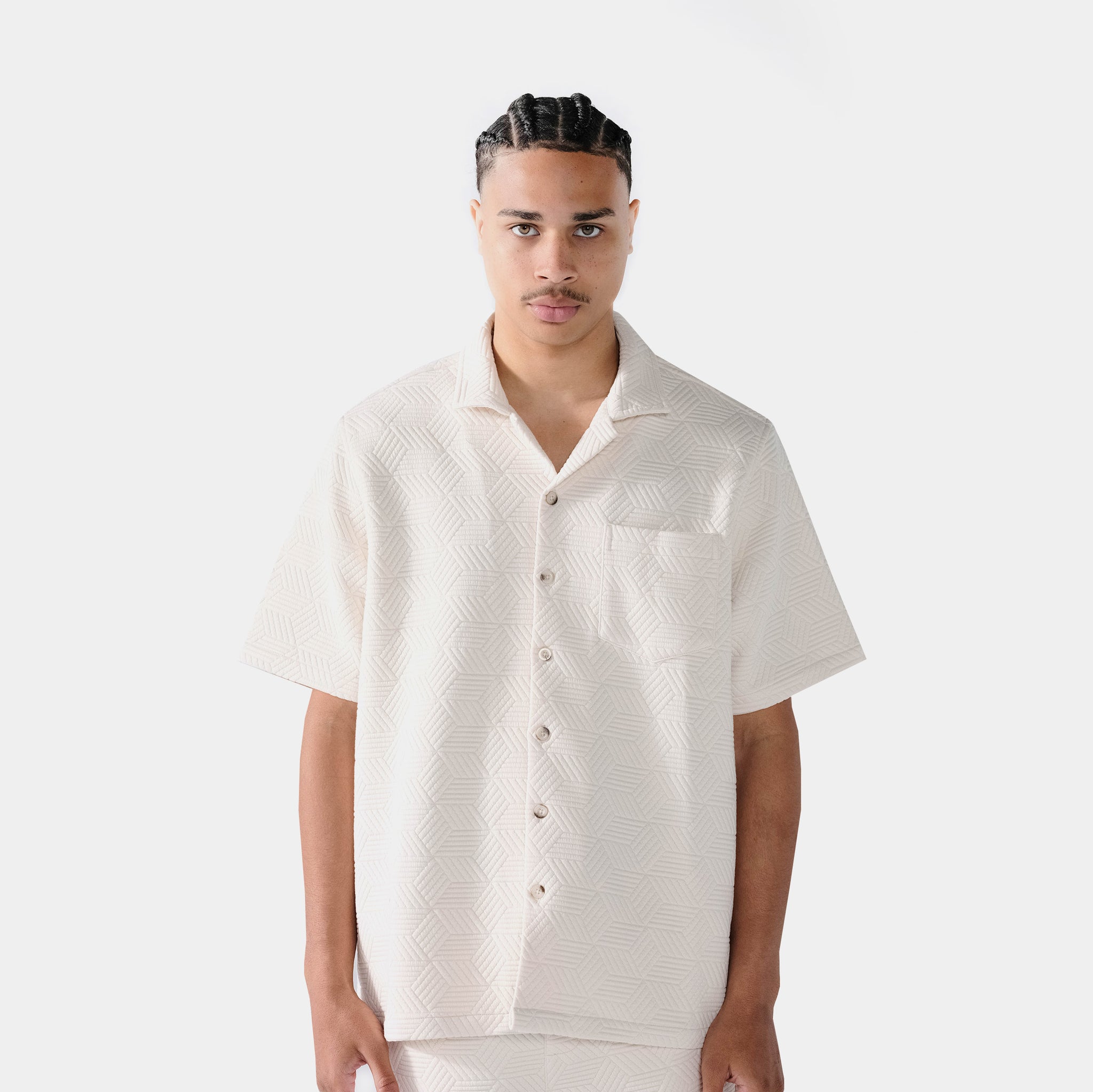 Maison Article Jacquard Knit Button Up Mens Short Sleeve Shirt