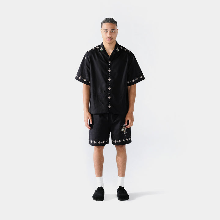 Sky Blue Paisley Button Up Mens Short Sleeve Shirt (Blue/White)