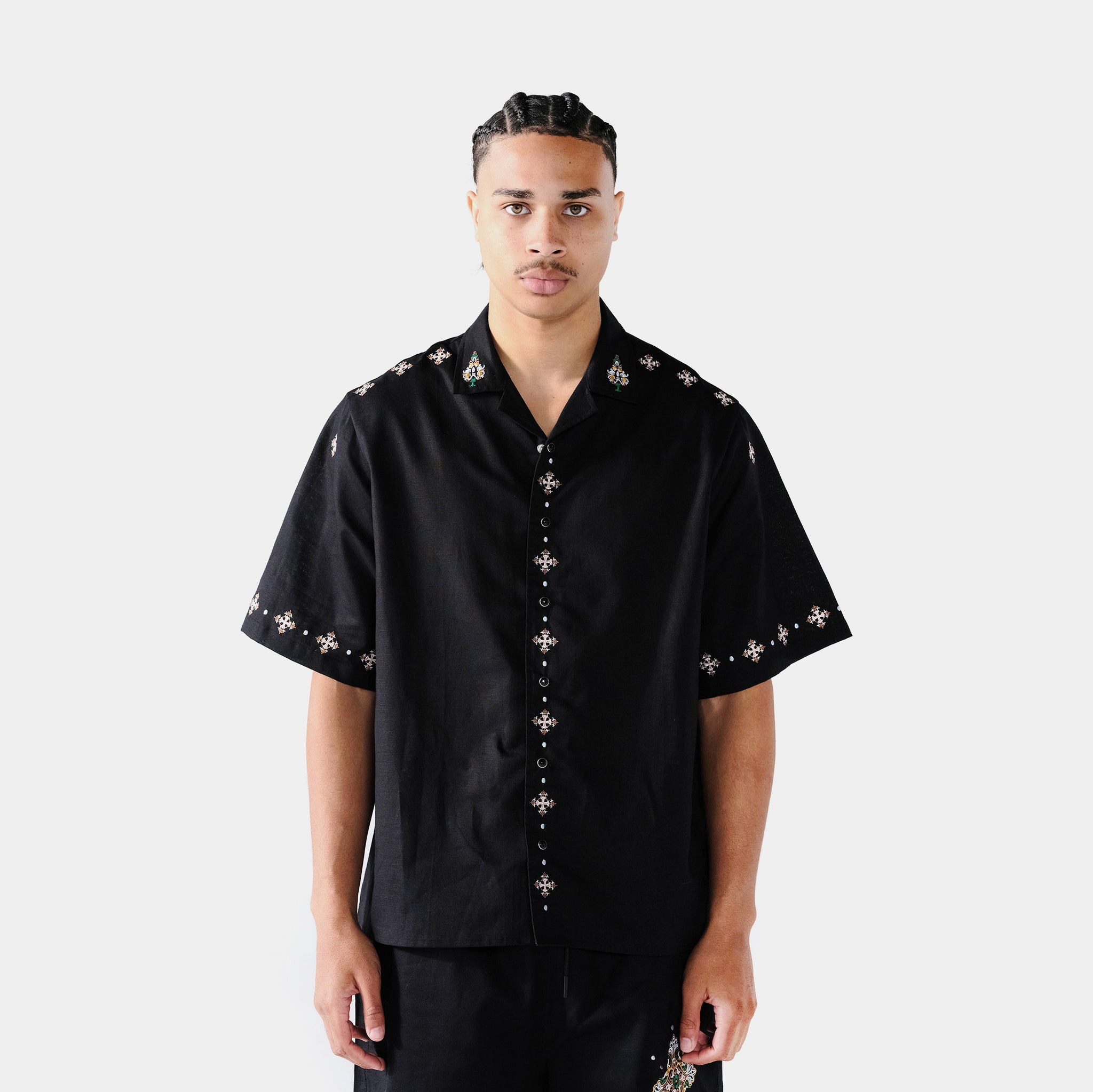 Maison Article Crosses Cotton Button Up Mens Short Sleeve Shirt Black Blue  MARS407 – Shoe Palace