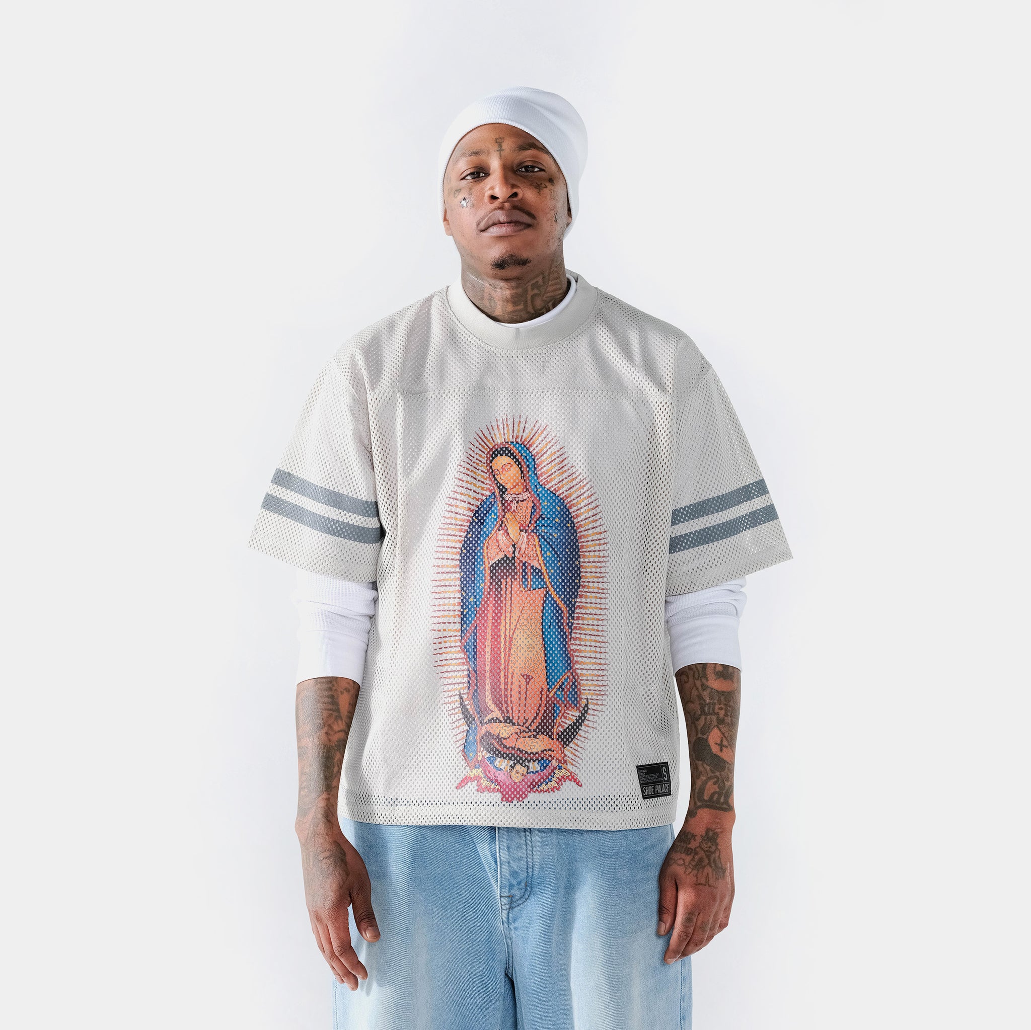 marryme,シャツ Maison Article Lady Of Guadalupe Mesh Mens Jersey Grey Blue MAFJ11