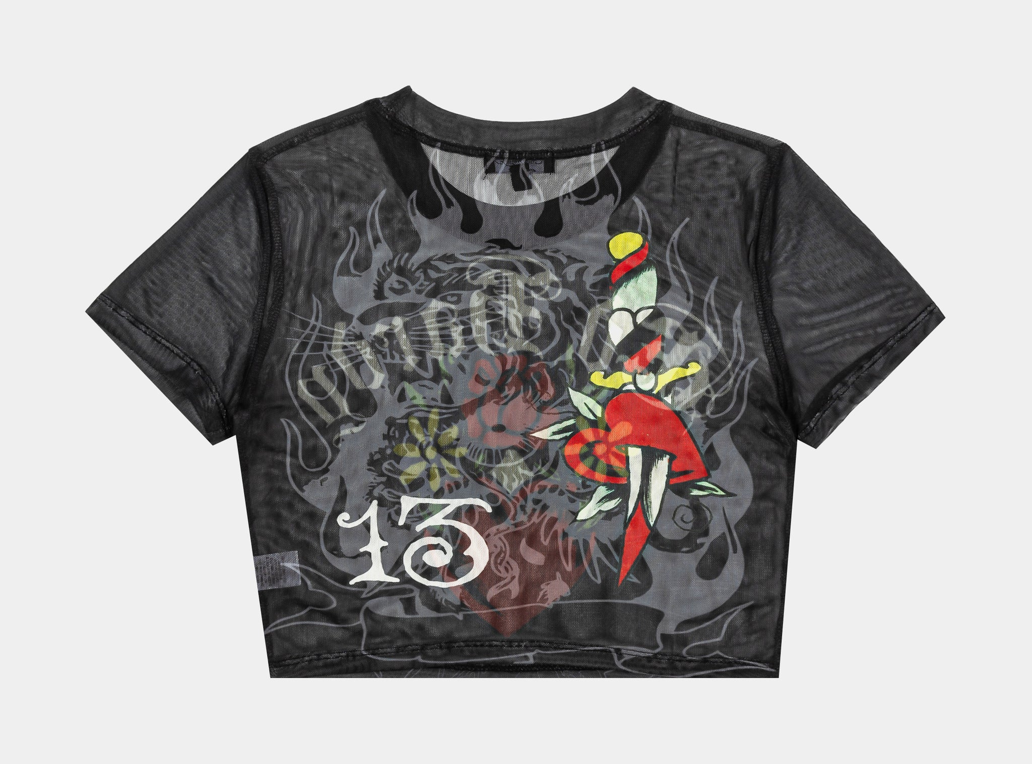 Ed Hardy Heart Tiger Mesh Baby Tee Womens Short Sleeve Shirt