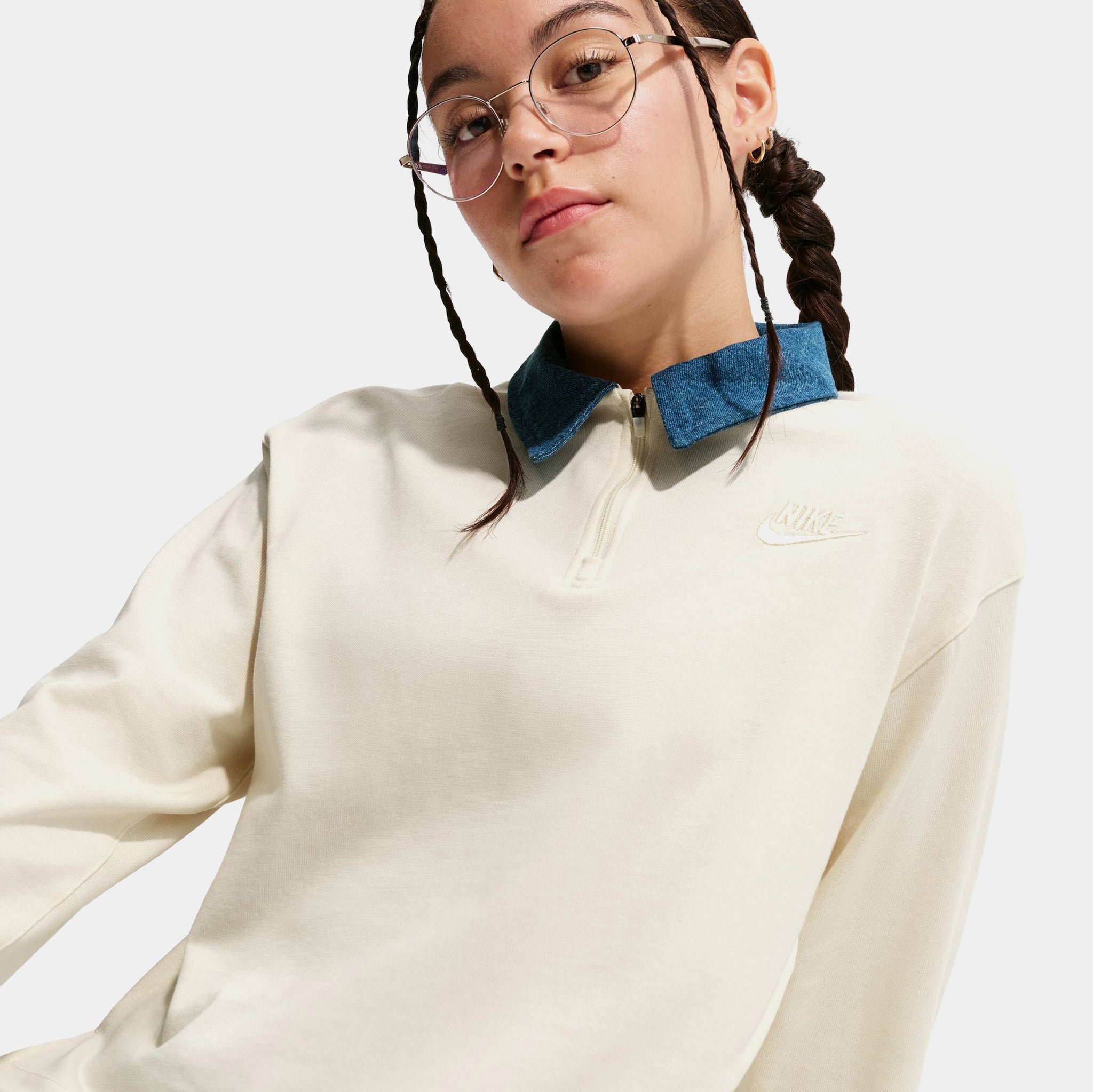 Nike NSW Polo Denim Grade School Long Sleeve Shirt Beige Navy