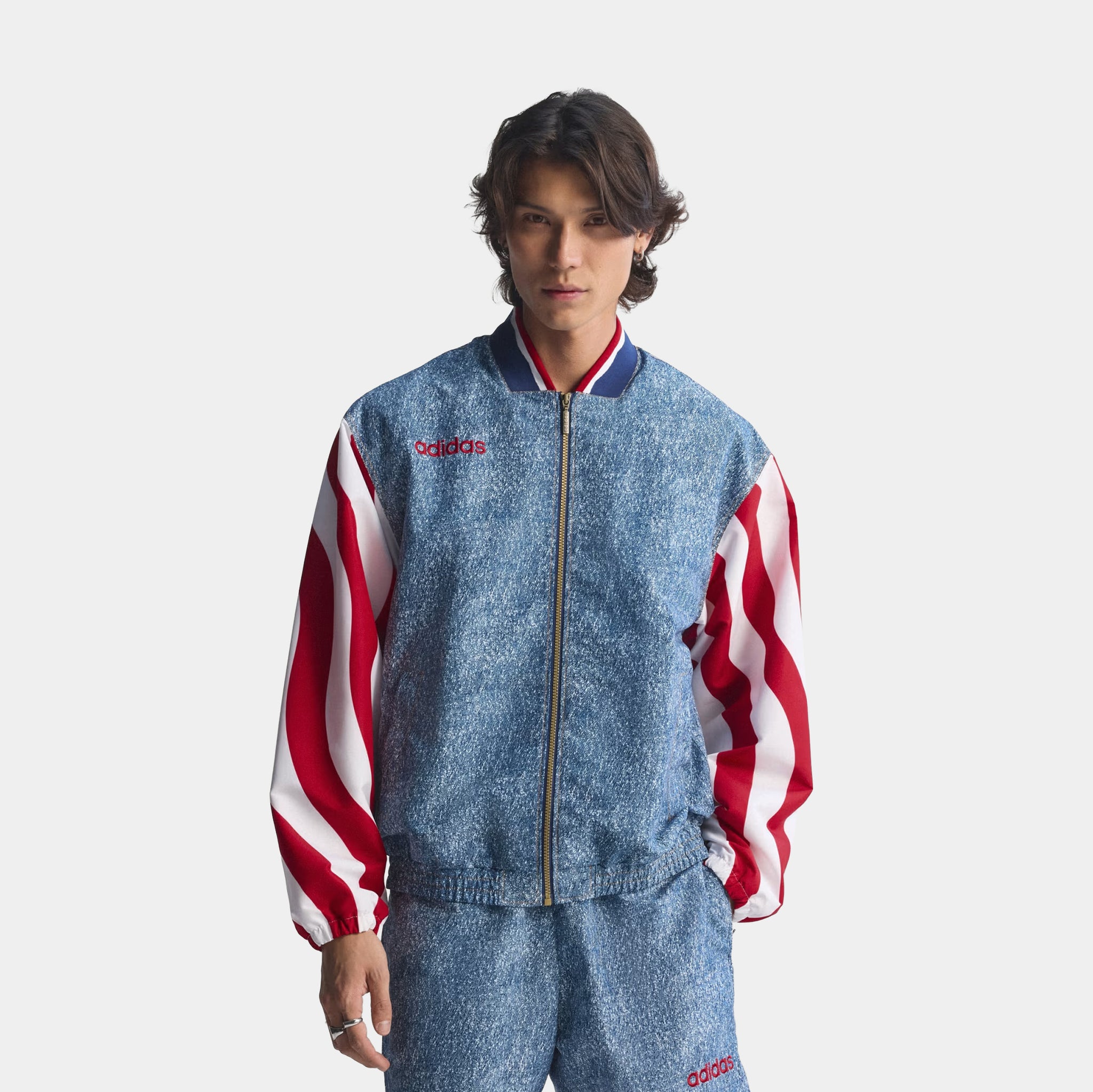 adidas Denim Graphic Track Mens Jacket White Dark Blue KB2712