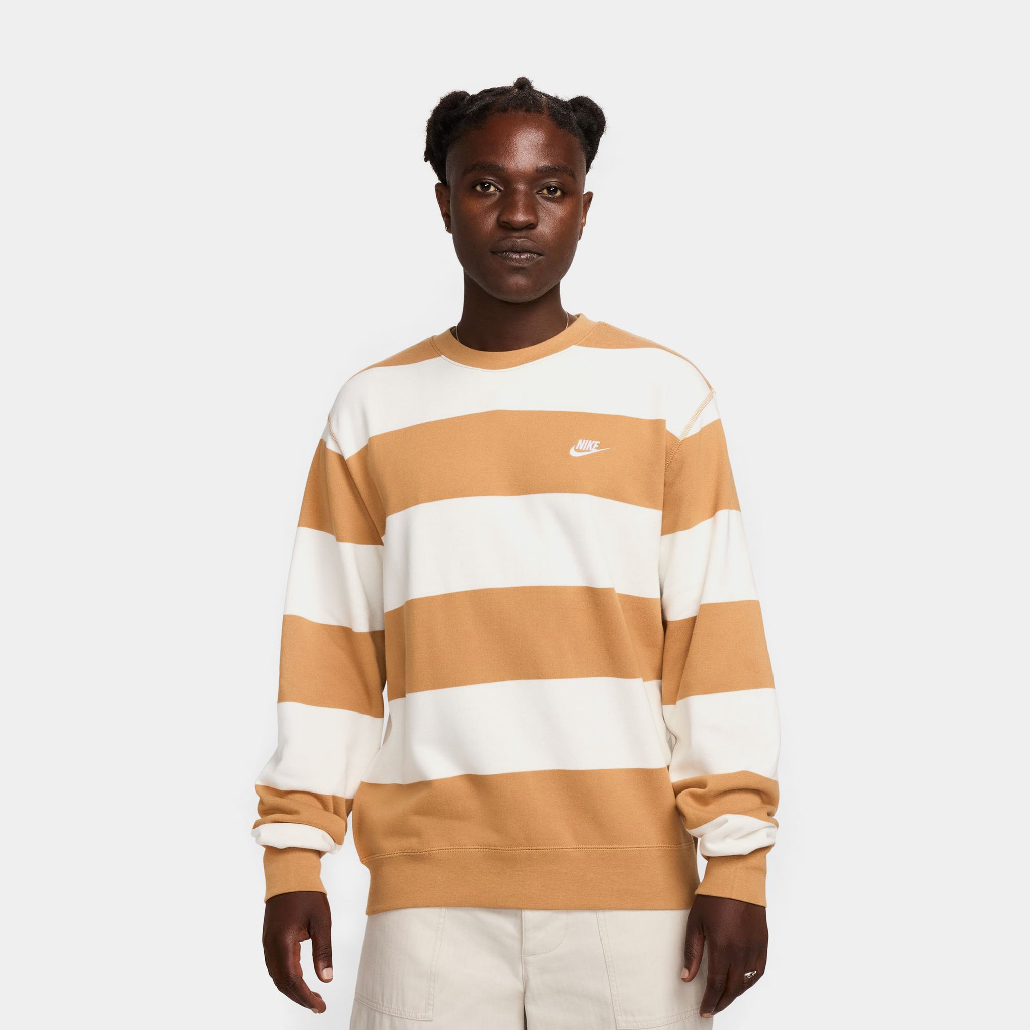 Nike Club Fleece Striped Heavyweight Mens Crewneck Brown White 