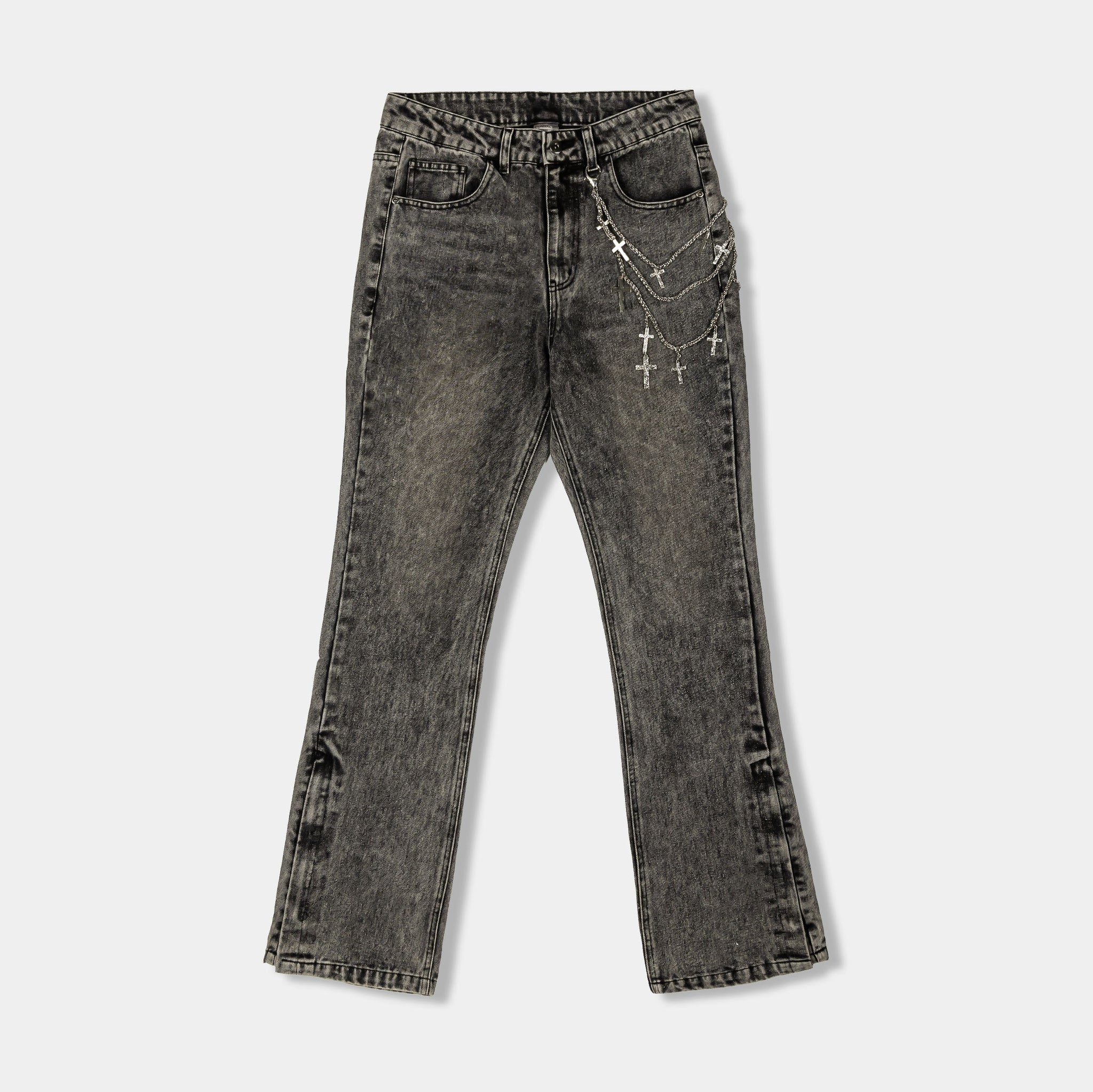 Original Sin Chain Cross Print Denim Mens Pants Washed Grey