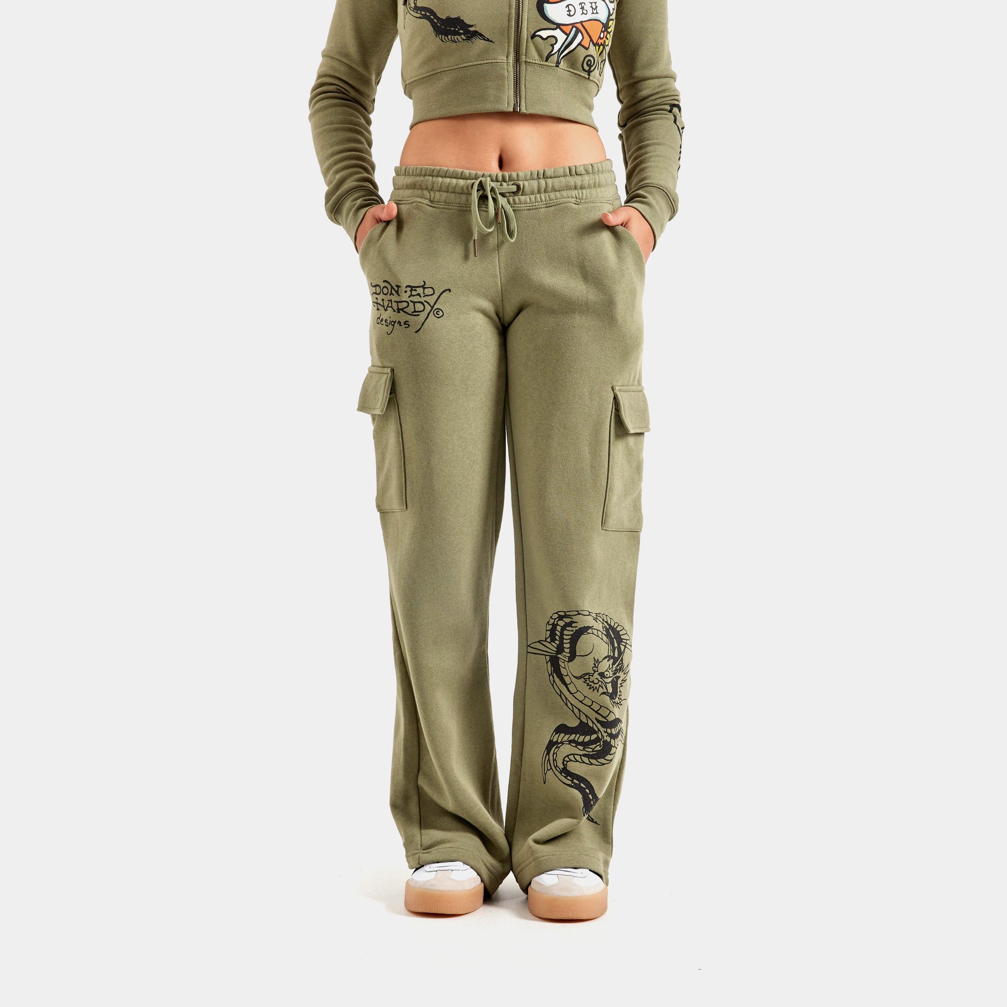 Ed Hardy Dragon Dagger Heart Cargo Womens Sweatpants Olive Black