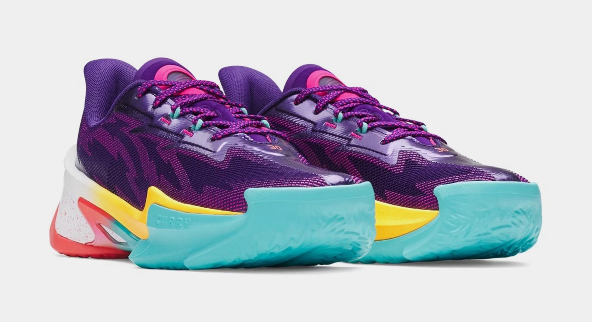 Under Armour Curry Series 7 Mens 8 Womens 9.5 Purple Yellow Basketball Shoe Steph Curry is wearing a “Unrivaled” Curry Series 7 PE to  main image 2