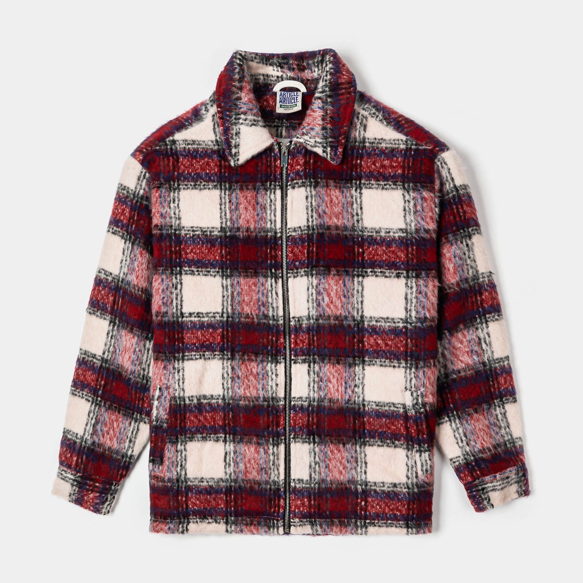 Maison Article Plaid Zip-Up Flannel Mens Jacket Red Beige MAFJ107