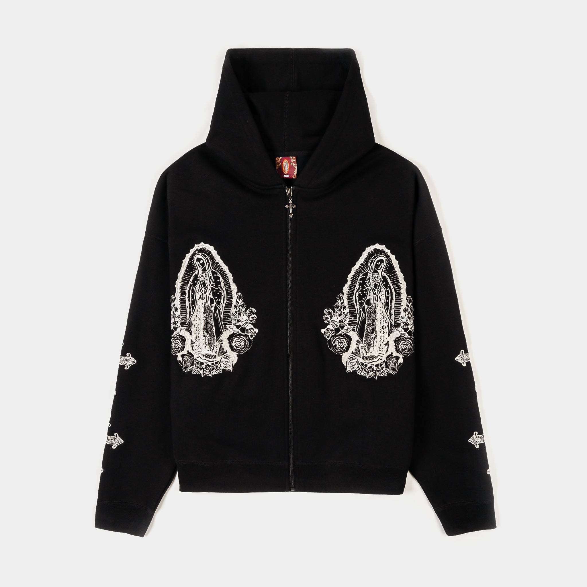 CTHDRL Embroidered Guadalupe Cropped Washed Zip Up Mens Hoodie
