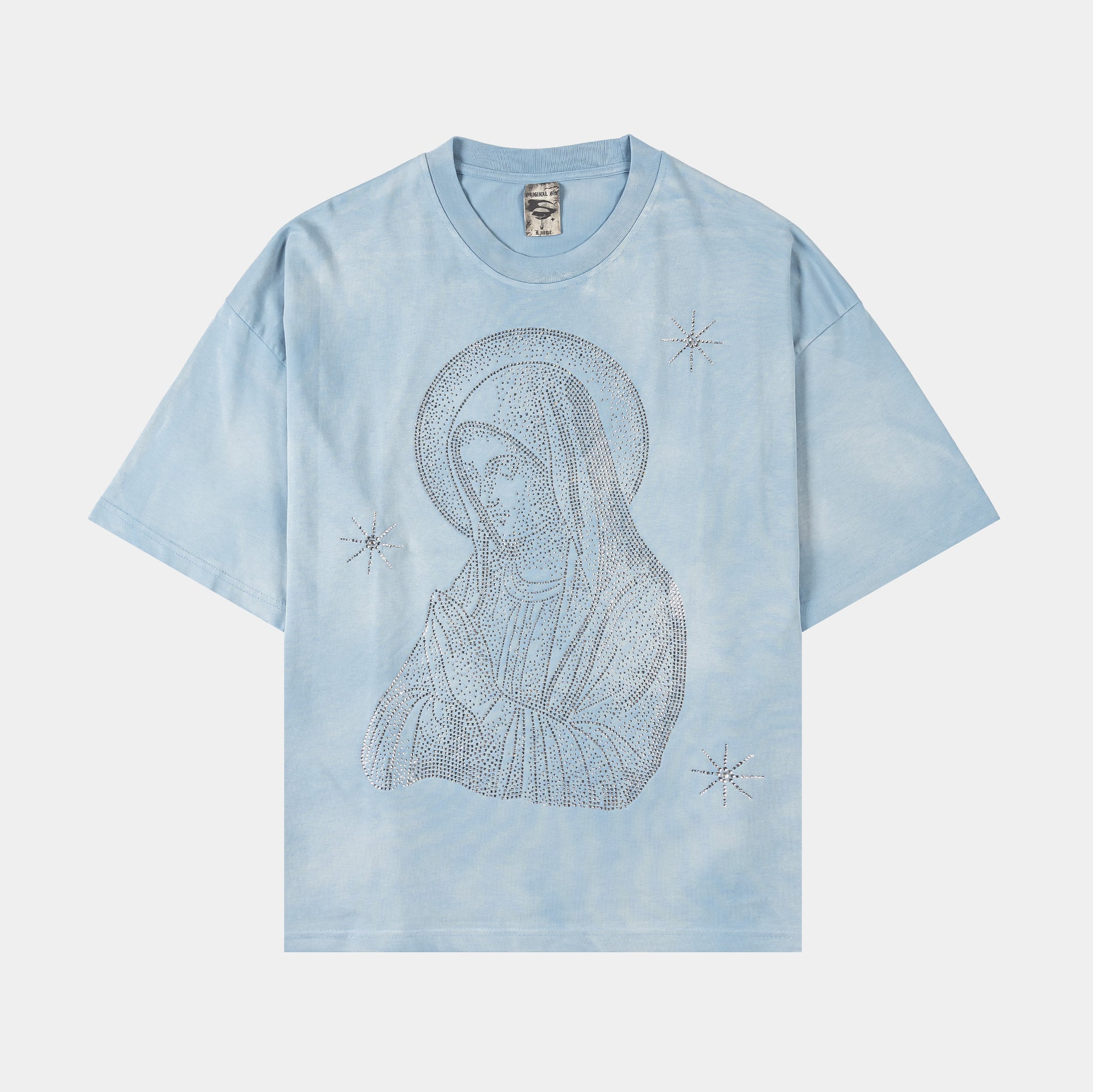 Original Sin Mary Prayer Rhinestone Mens Short Sleeve Shirt Light