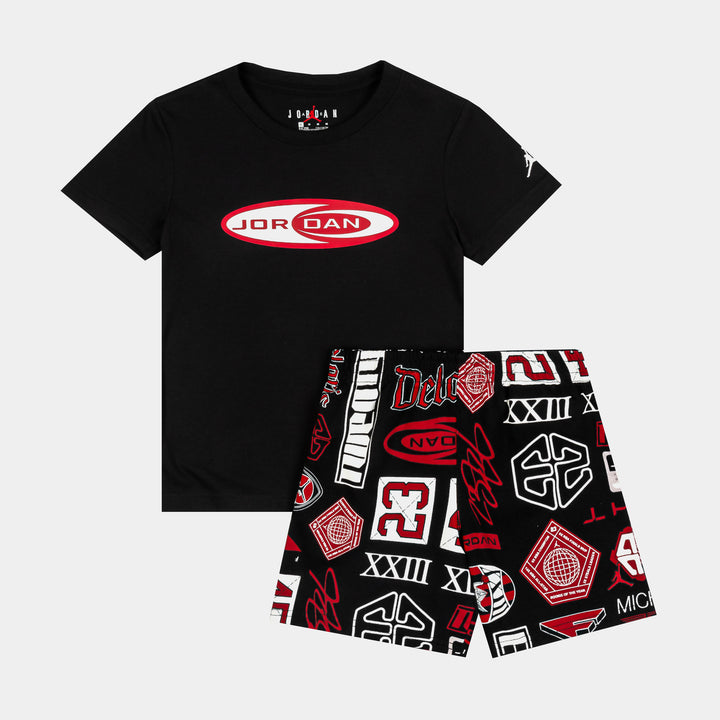 Jordan Brooklyn All Over Print Short Preschool Set Black Red
