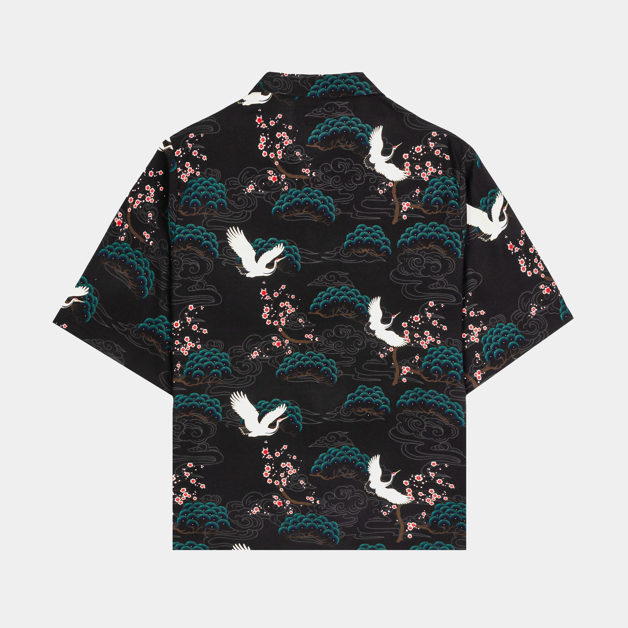 Maison Article Crane Blossom Button Up Mens Short Sleeve Shirt